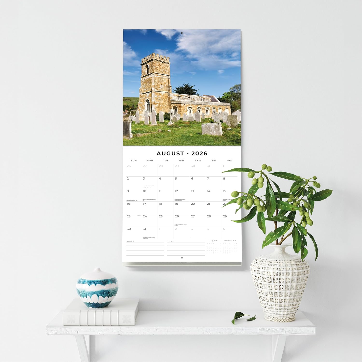 Red Robin 2026 Country Churches Monthly Wall Calendar | 12" x 24" Open | Premium Thick & Sturdy Paper | Hangable 12 Month Calendar | Lined Notes & To Do Area | Vivid Images | Plastic Free
