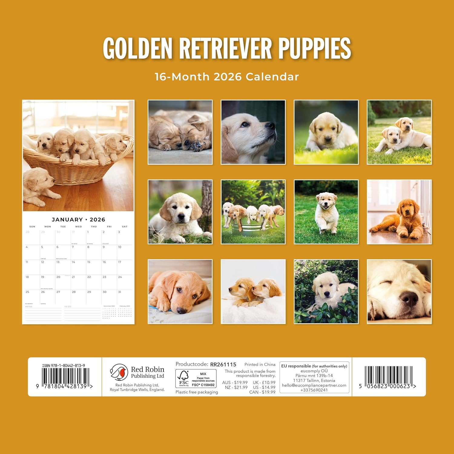 Red Robin 2026 Golden Retriever Puppies Monthly Wall Calendar | 12" x 24" Open | Premium Thick & Sturdy Paper | Hangable 12 Month Calendar | Lined Notes & To Do Area | Vivid Images | Plastic Free