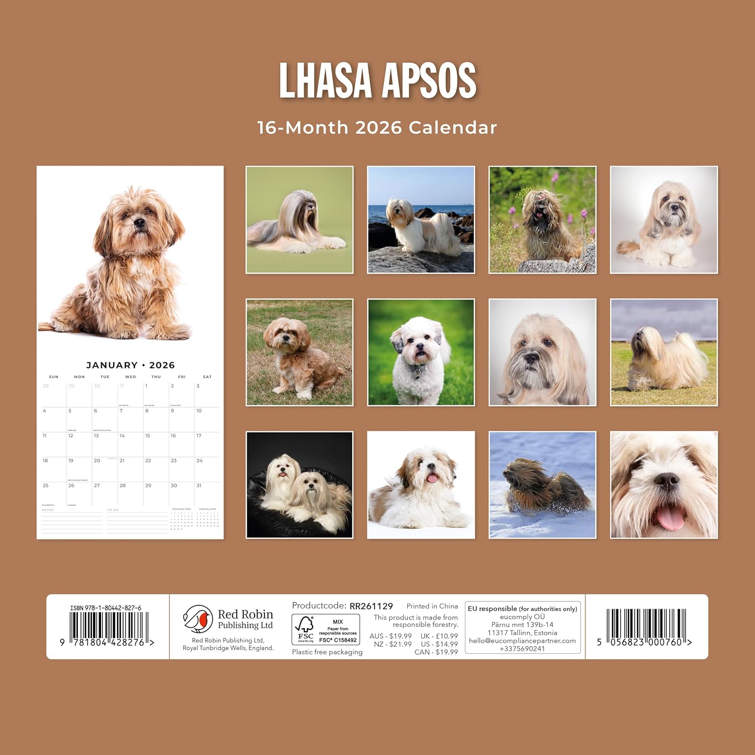 Red Robin 2026 Lhasa Apsos Monthly Wall Calendar | 12" x 24" Open | Premium Thick & Sturdy Paper | Hangable 12 Month Calendar | Lined Notes & To Do Area | Vivid Images | Plastic Free