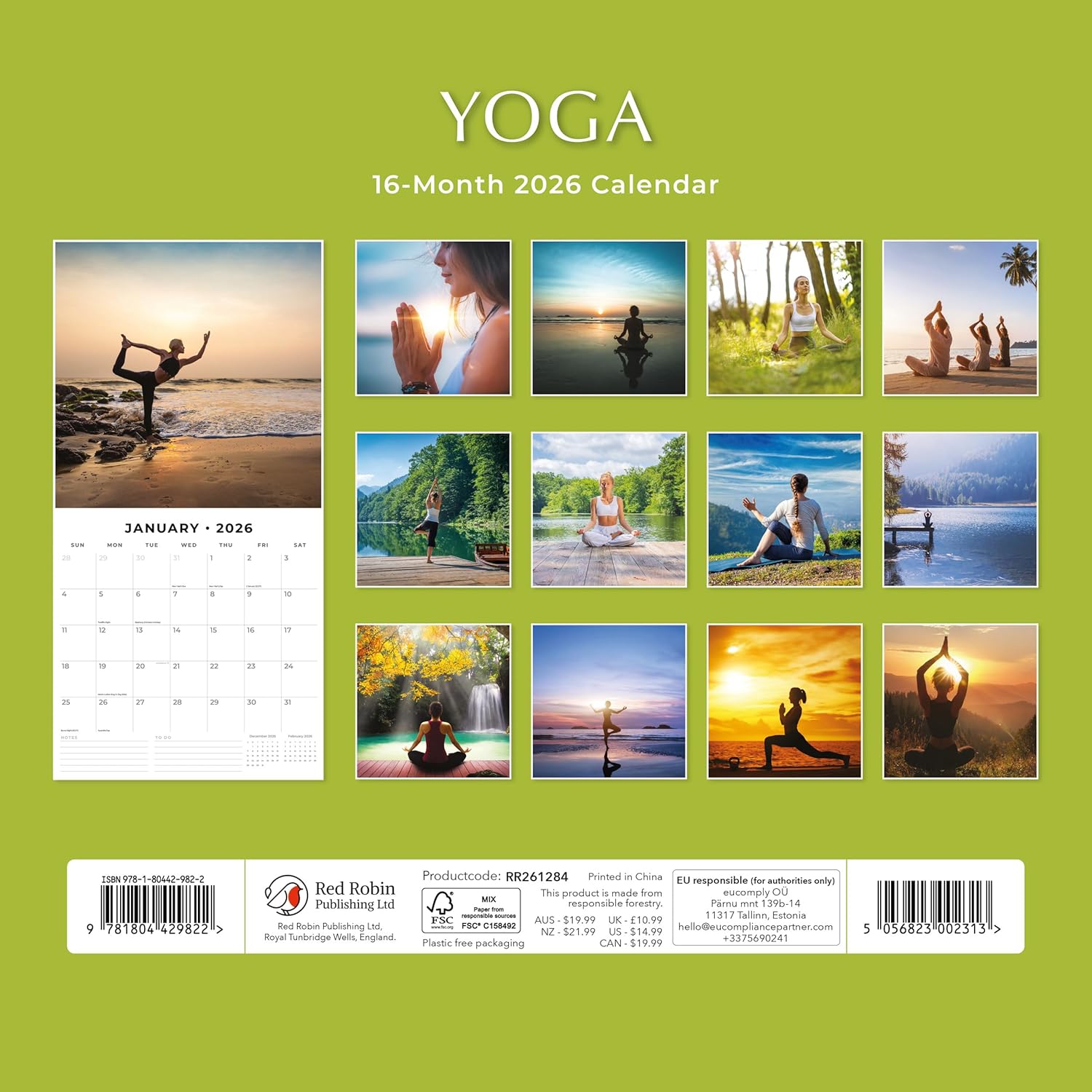 Red Robin 2026 Yoga Monthly Wall Calendar | 12" x 24" Open | Premium Thick & Sturdy Paper | Hangable 12 Month Calendar | Lined Notes & To Do Area | Vivid Images | Plastic Free