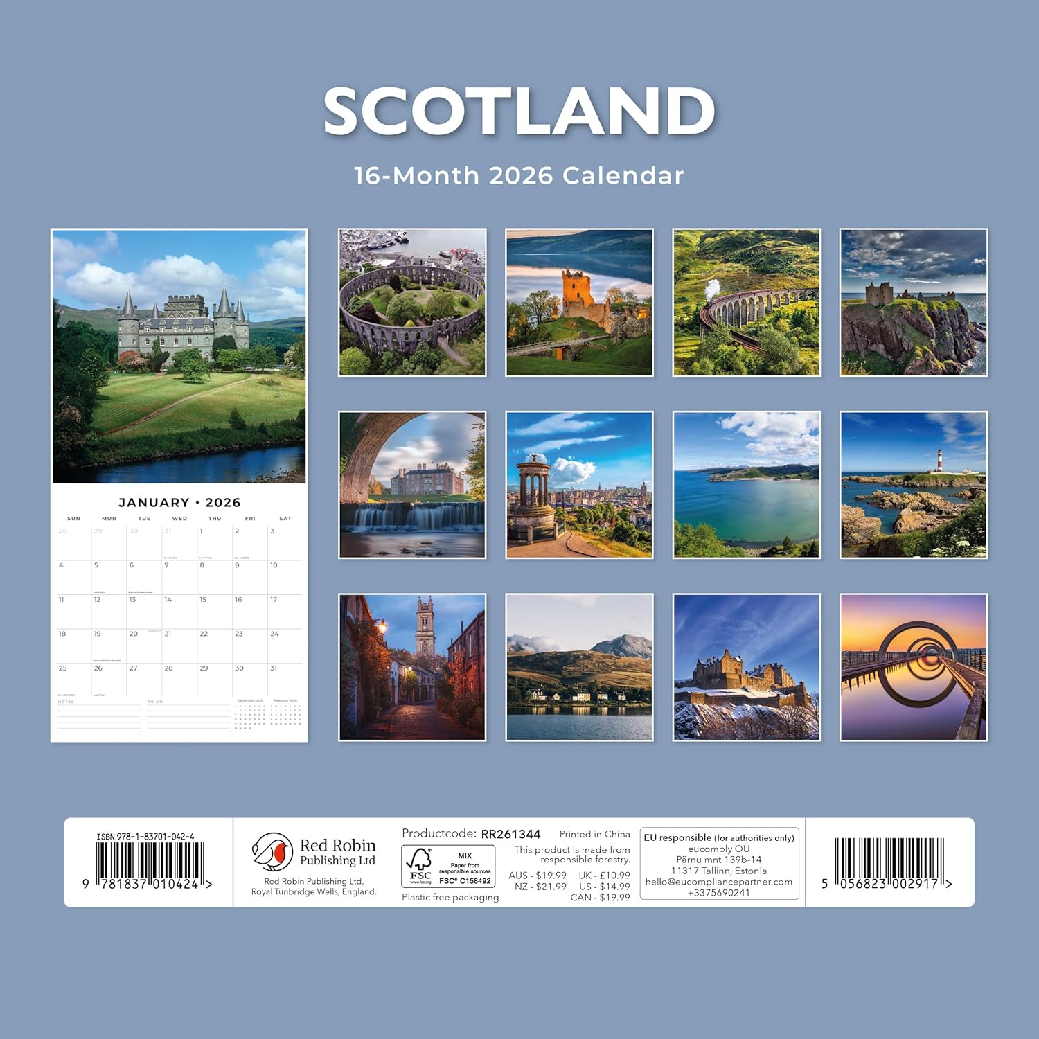 Red Robin 2026 Scotland Monthly Wall Calendar | 12" x 24" Open | Premium Thick & Sturdy Paper | Hangable 12 Month Calendar | Lined Notes & To Do Area | Vivid Images | Plastic Free