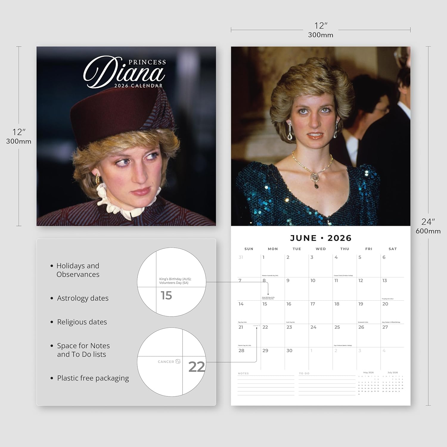 Red Robin 2026 Princess Diana Monthly Wall Calendar | 12" x 24" Open | Premium Thick & Sturdy Paper | Hangable 12 Month Calendar | Lined Notes & To Do Area | Vivid Images | Plastic Free