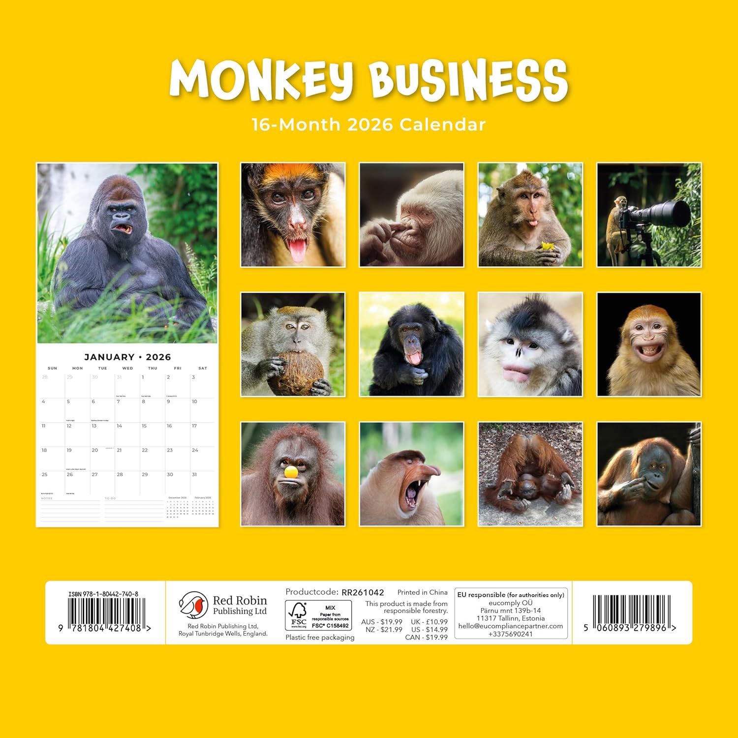 Red Robin 2026 Monkey Business Monthly Wall Calendar | 12" x 24" Open | Premium Thick & Sturdy Paper | Hangable 12 Month Calendar | Lined Notes & To Do Area | Vivid Images | Plastic Free