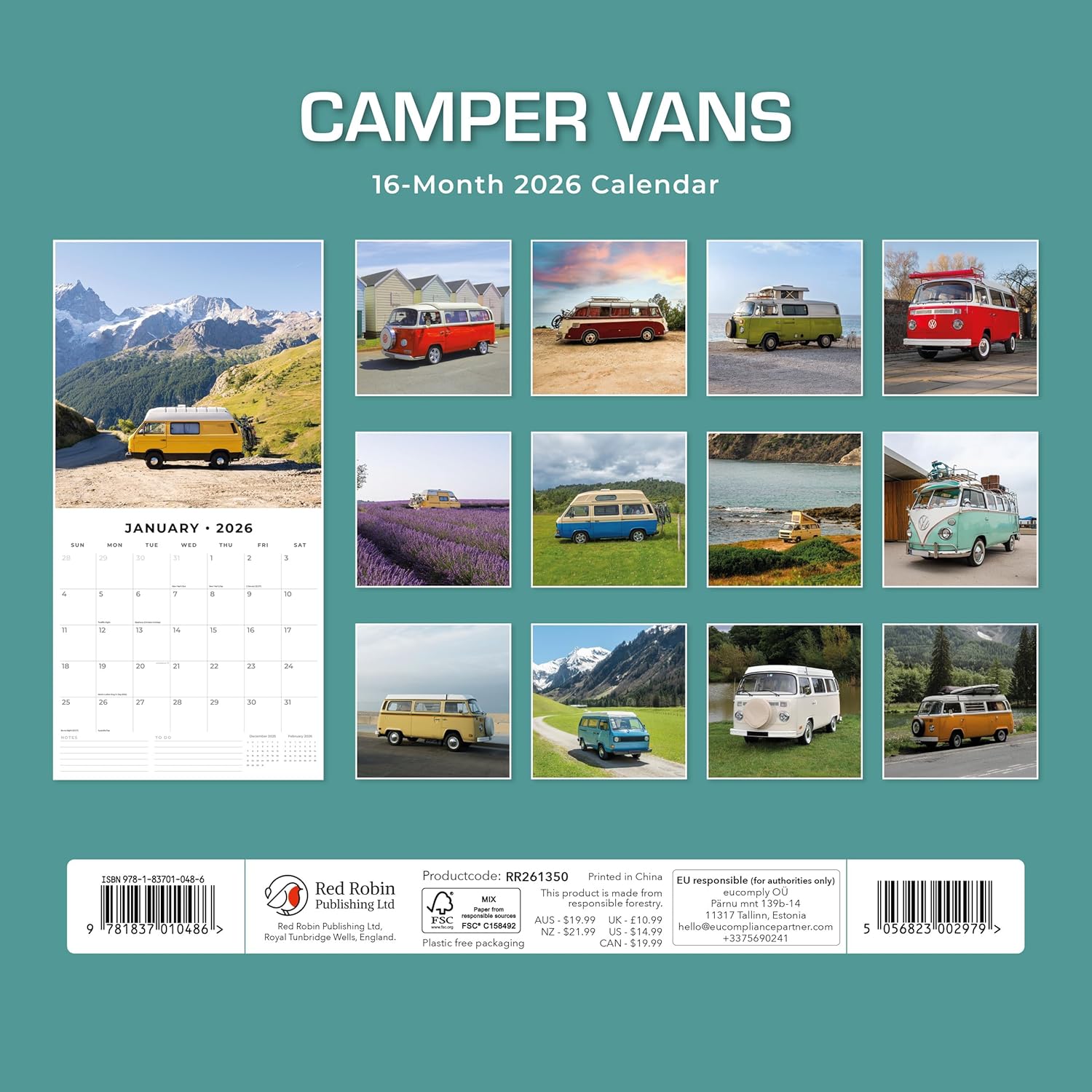 Red Robin 2026 Camper Vans Monthly Wall Calendar | 12" x 24" Open | Premium Thick & Sturdy Paper | Hangable 12 Month Calendar | Lined Notes & To Do Area | Vivid Images | Plastic Free