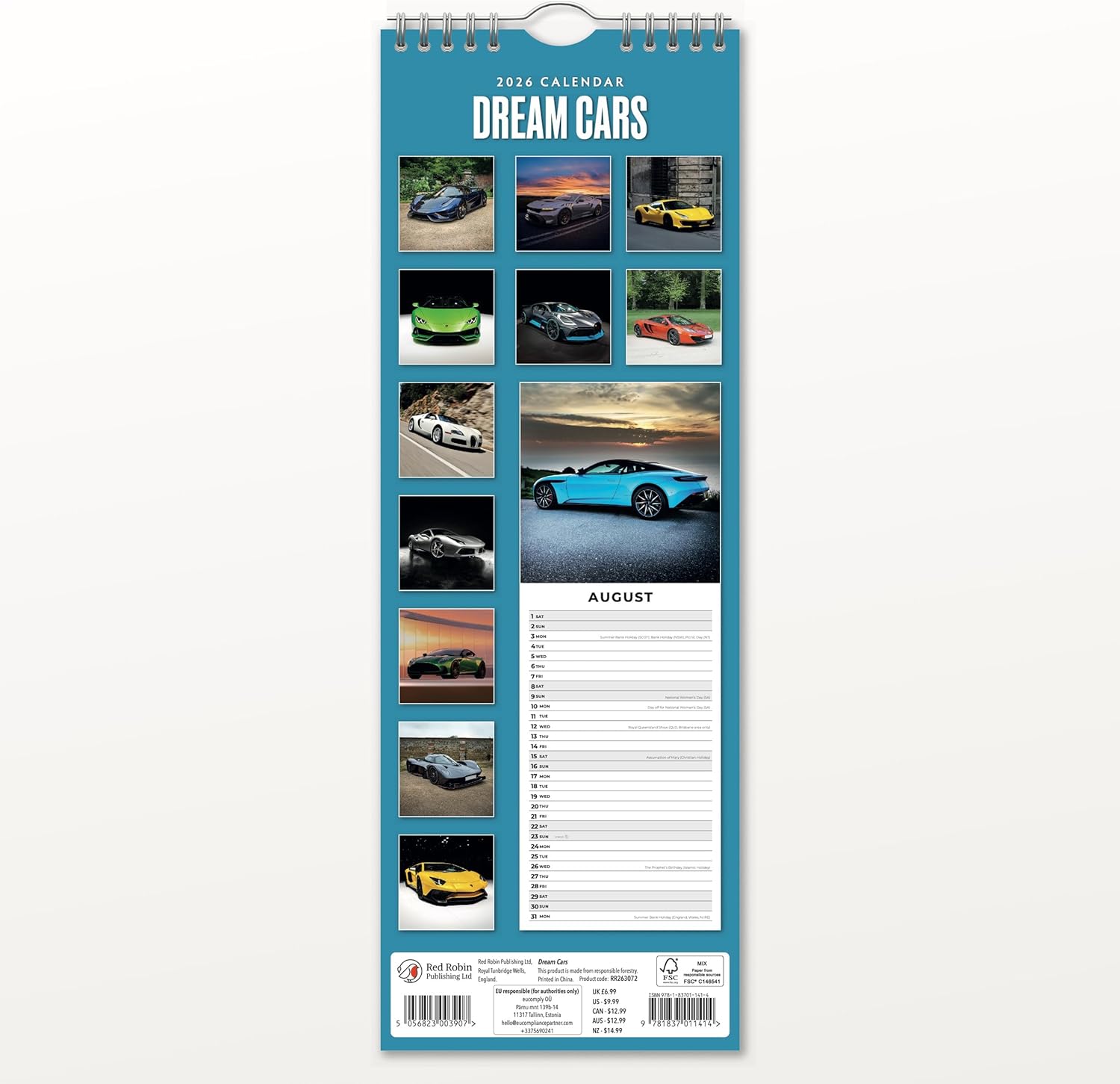Red Robin 2026 Dream Cars Monthly Slim Calendar | 6" x 16" Open | Premium Thick & Sturdy Paper | Tall Hangable 12 Month Calendar | Vivid Images | Plastic Free | Wire Spiral
