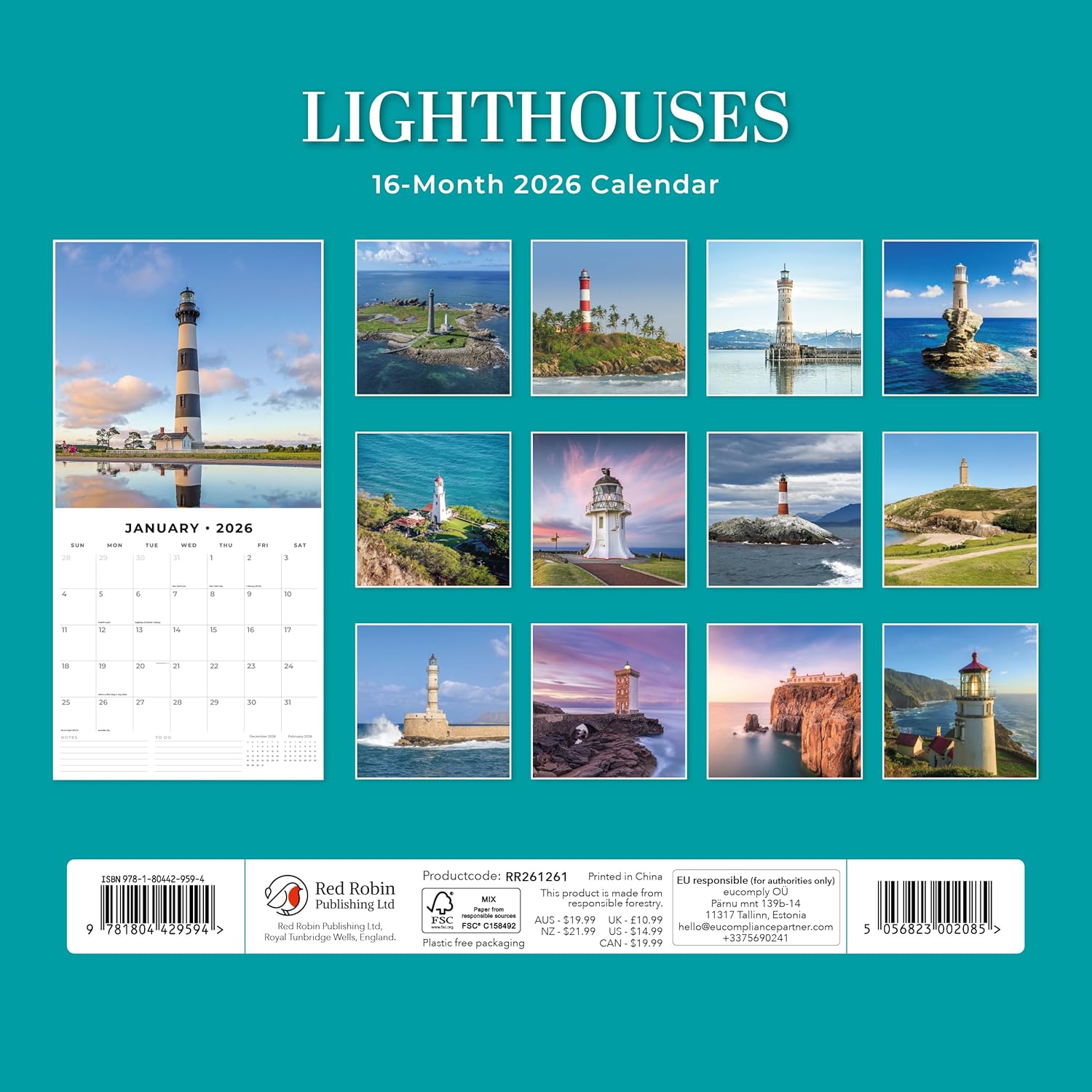 Red Robin 2026 Lighthouses Monthly Wall Calendar | 12" x 24" Open | Premium Thick & Sturdy Paper | Hangable 12 Month Calendar | Lined Notes & To Do Area | Vivid Images | Plastic Free