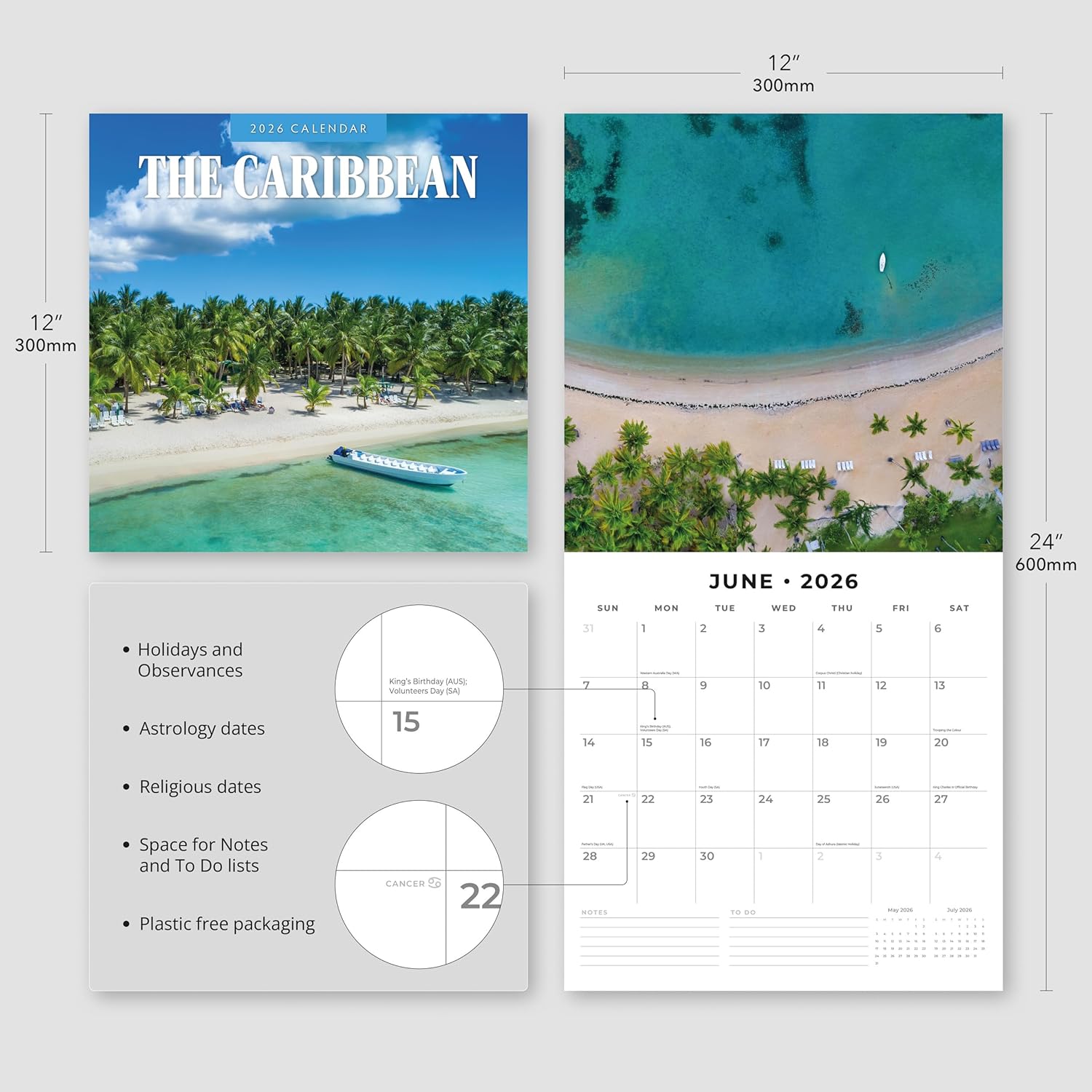 Red Robin 2026 Caribbean Monthly Wall Calendar | 12" x 24" Open | Premium Thick & Sturdy Paper | Hangable 12 Month Calendar | Lined Notes & To Do Area | Vivid Images | Plastic Free