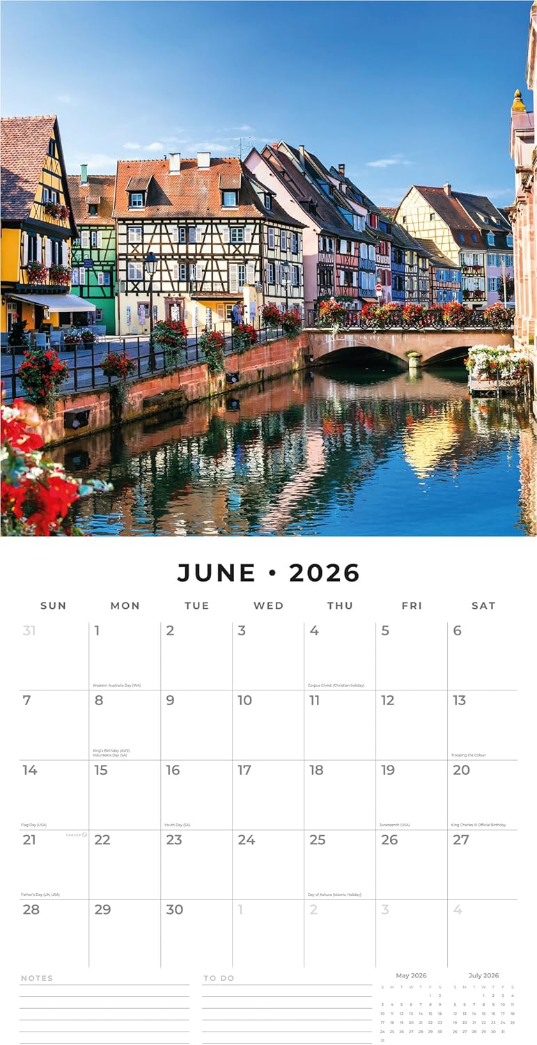 Red Robin 2026 Medieval Towns Monthly Wall Calendar | 12" x 24" Open | Premium Thick & Sturdy Paper | Hangable 12 Month Calendar | Lined Notes & To Do Area | Vivid Images | Plastic Free