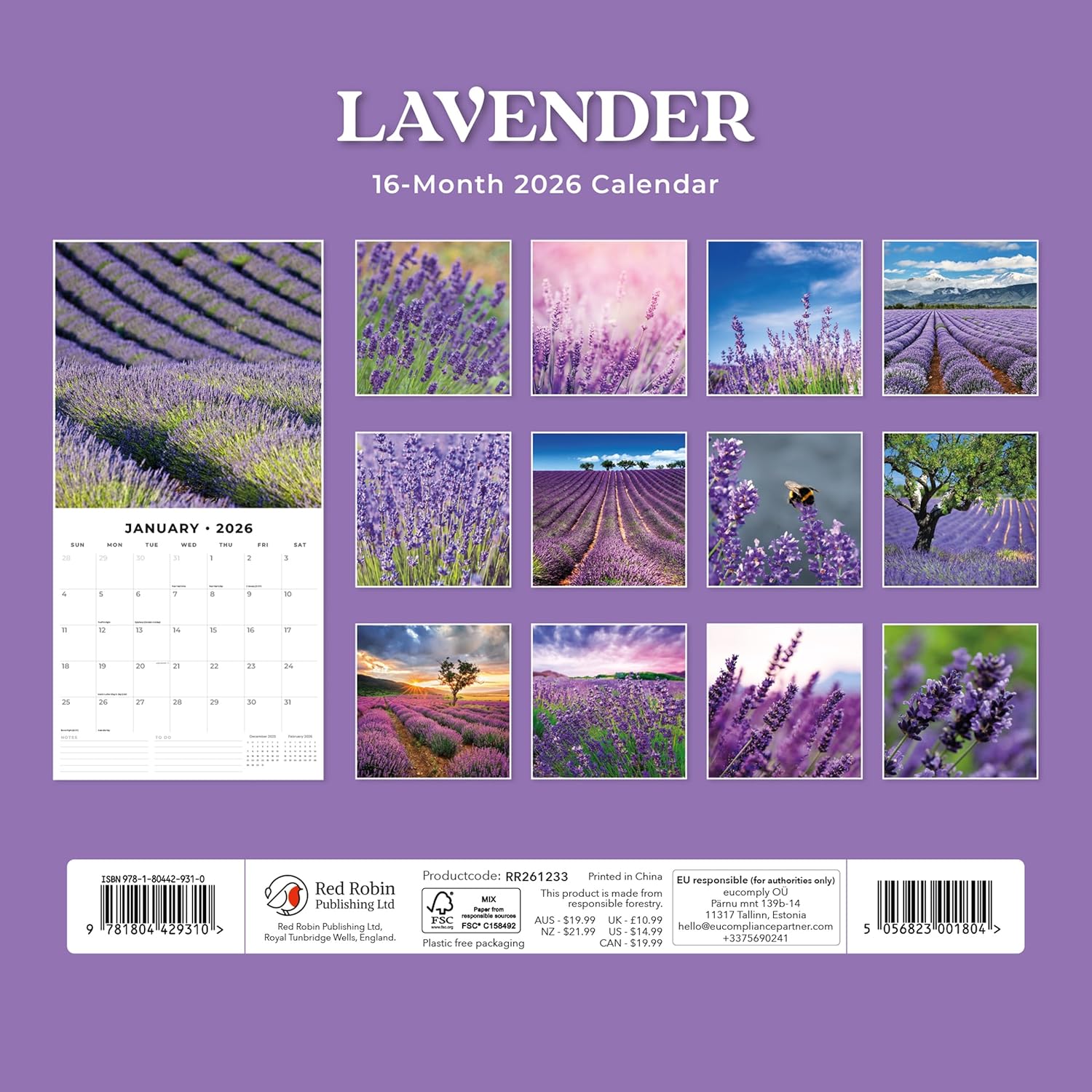 Red Robin 2026 Lavender Monthly Wall Calendar | 12" x 24" Open | Premium Thick & Sturdy Paper | Hangable 12 Month Calendar | Lined Notes & To Do Area | Vivid Images | Plastic Free