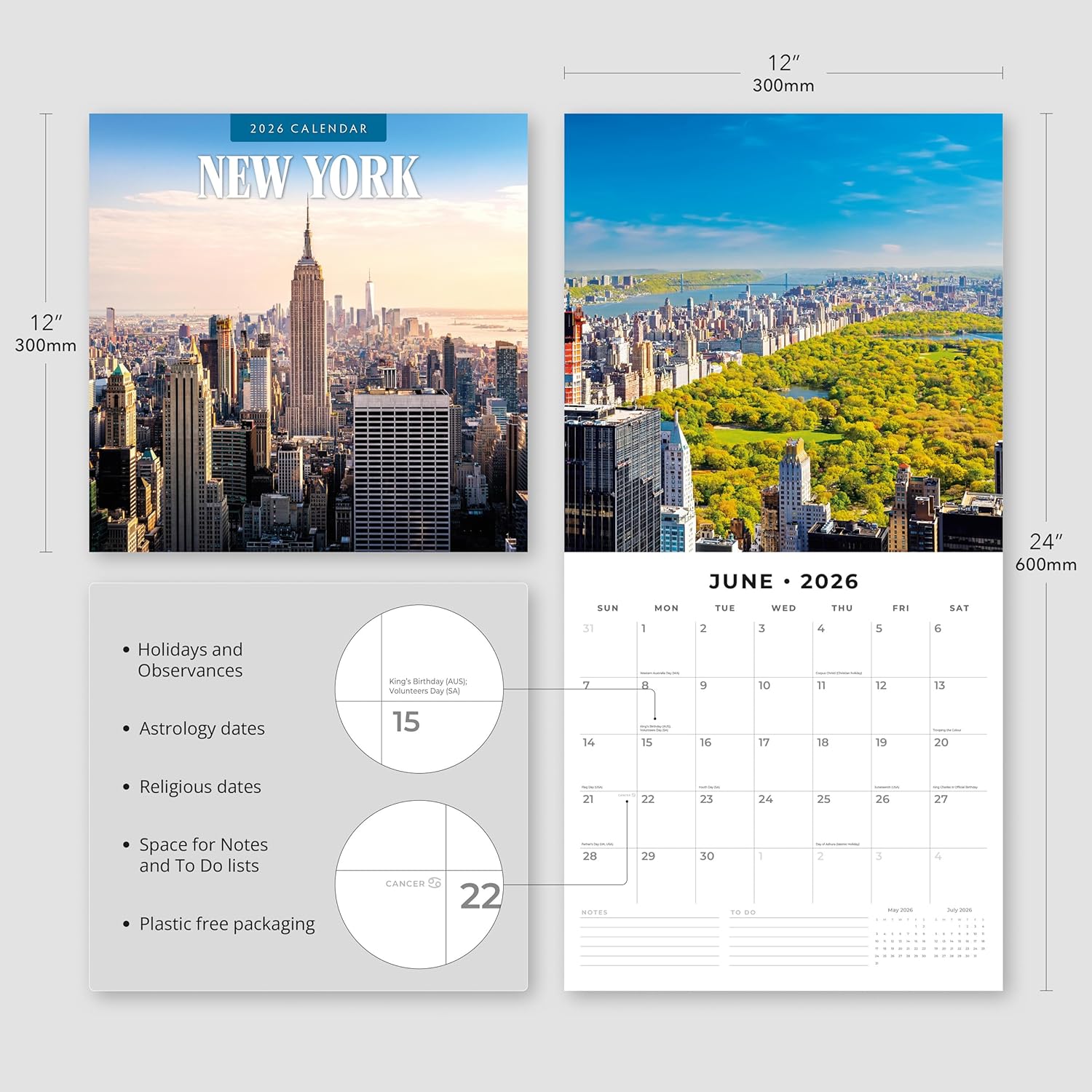 Red Robin 2026 New York Monthly Wall Calendar | 12" x 24" Open | Premium Thick & Sturdy Paper | Hangable 12 Month Calendar | Lined Notes & To Do Area | Vivid Images | Plastic Free