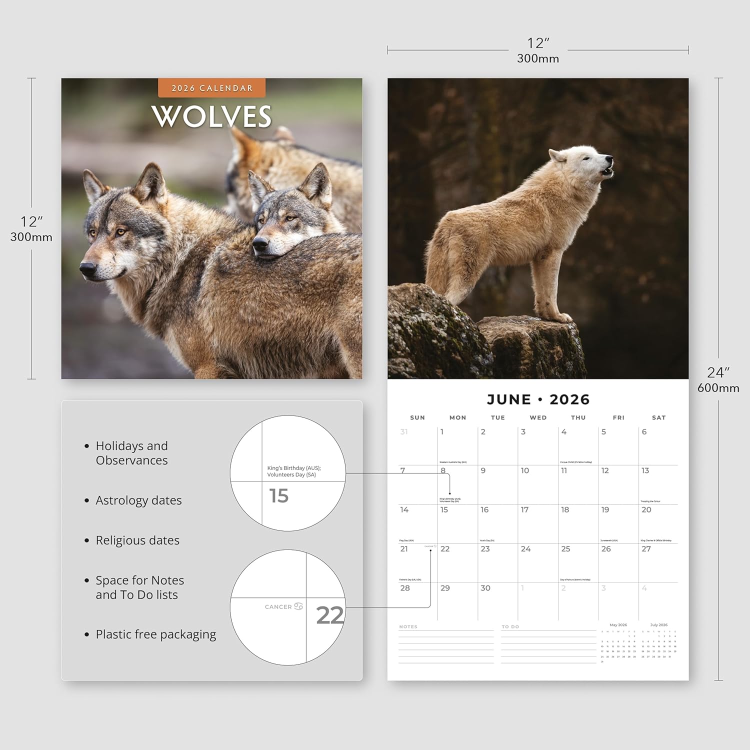 Red Robin 2026 Wolves Monthly Wall Calendar | 12" x 24" Open | Premium Thick & Sturdy Paper | Hangable 12 Month Calendar | Lined Notes & To Do Area | Vivid Images | Plastic Free