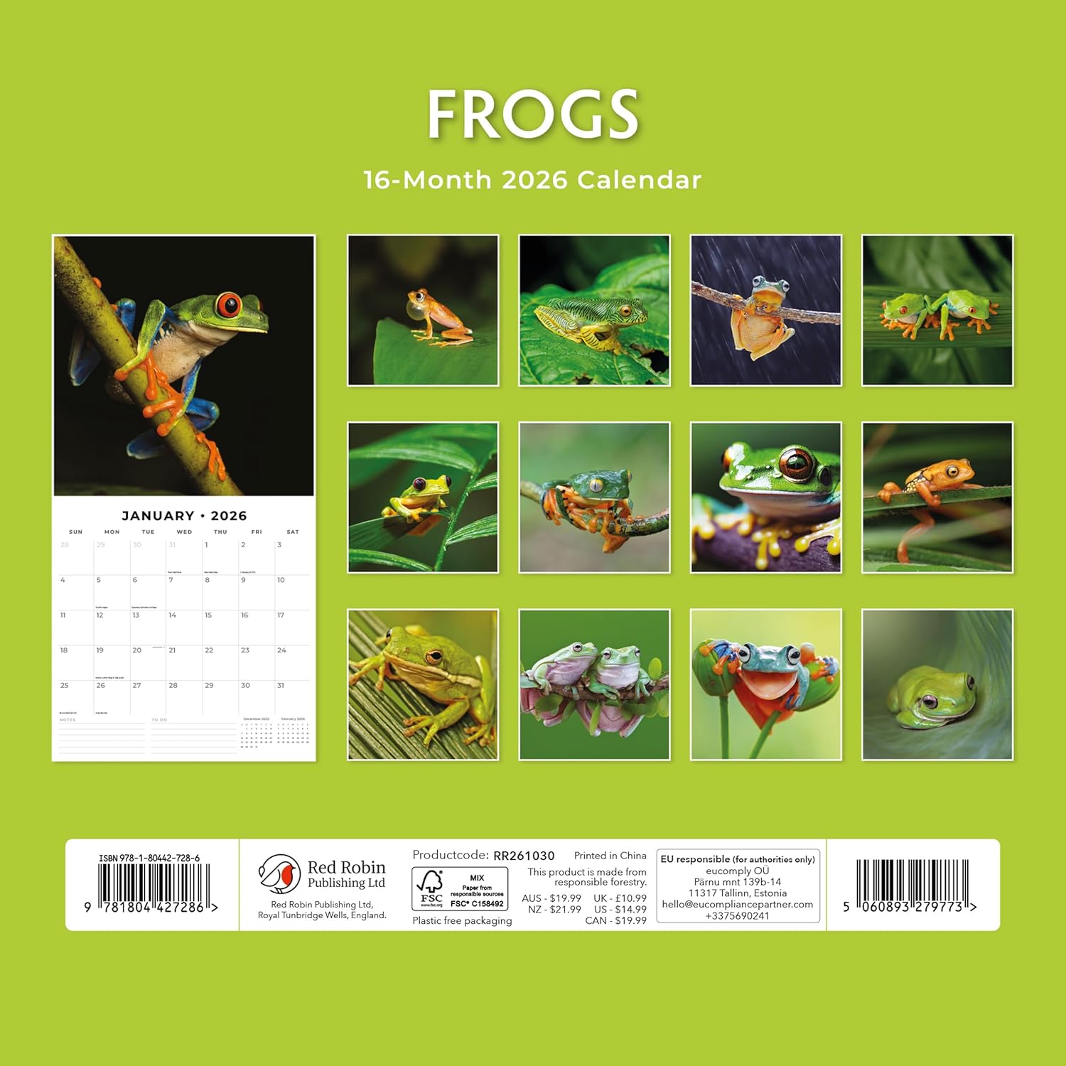 Red Robin 2026 Frogs Monthly Wall Calendar | 12" x 24" Open | Premium Thick & Sturdy Paper | Hangable 12 Month Calendar | Lined Notes & To Do Area | Vivid Images | Plastic Free