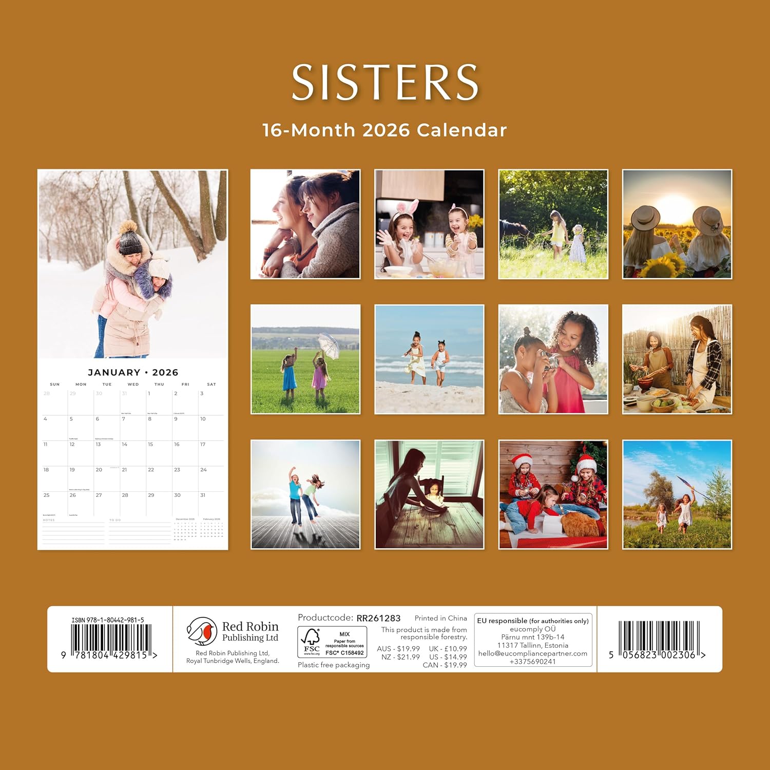 Red Robin 2026 Sisters Monthly Wall Calendar | 12" x 24" Open | Premium Thick & Sturdy Paper | Hangable 12 Month Calendar | Lined Notes & To Do Area | Vivid Images | Plastic Free
