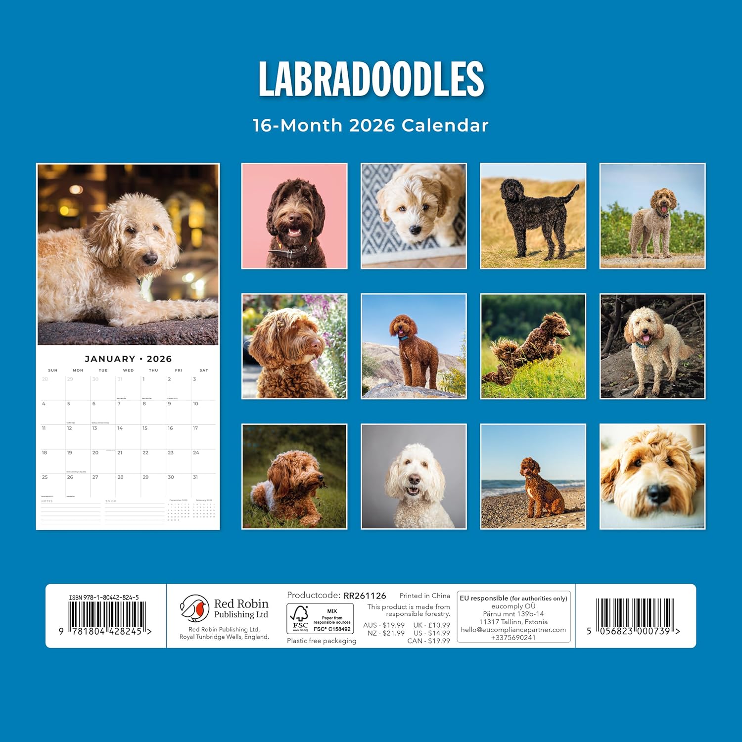 Red Robin 2026 Labradoodles Monthly Wall Calendar | 12" x 24" Open | Premium Thick & Sturdy Paper | Hangable 12 Month Calendar | Lined Notes & To Do Area | Vivid Images | Plastic Free
