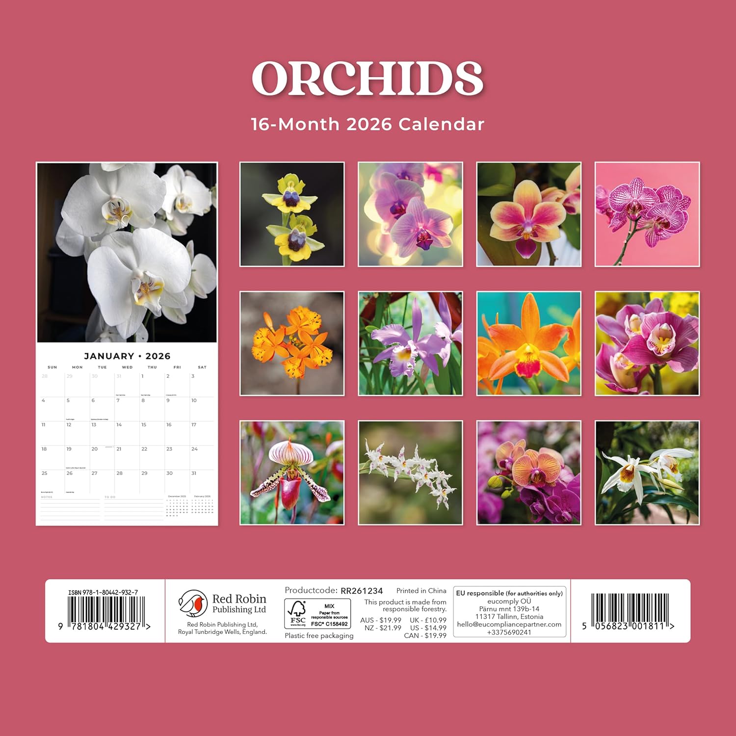 Red Robin 2026 Orchids Monthly Wall Calendar | 12" x 24" Open | Premium Thick & Sturdy Paper | Hangable 12 Month Calendar | Lined Notes & To Do Area | Vivid Images | Plastic Free