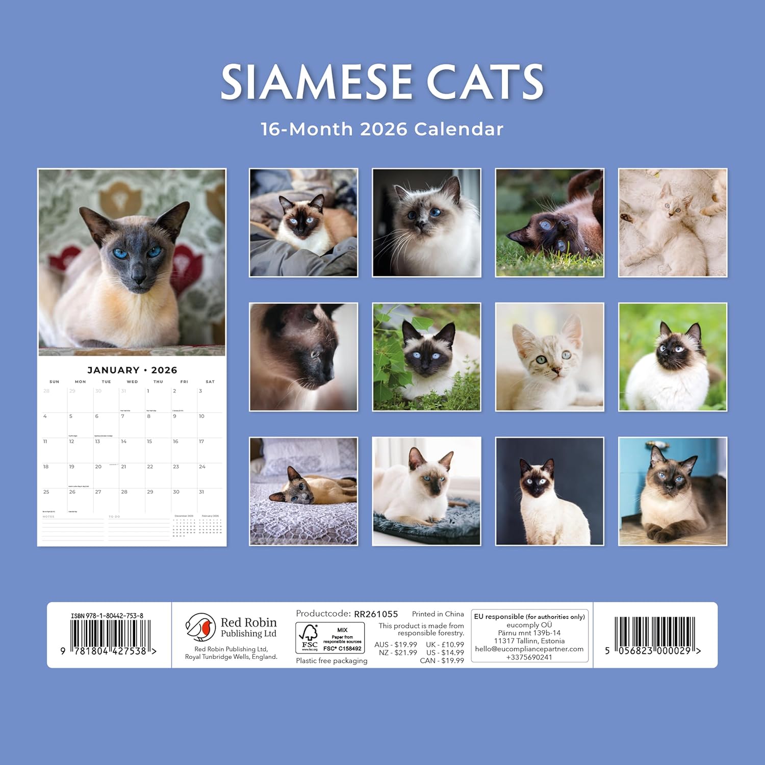 Red Robin 2026 Siamese Cats Monthly Wall Calendar | 12" x 24" Open | Premium Thick & Sturdy Paper | Hangable 12 Month Calendar | Lined Notes & To Do Area | Vivid Images | Plastic Free