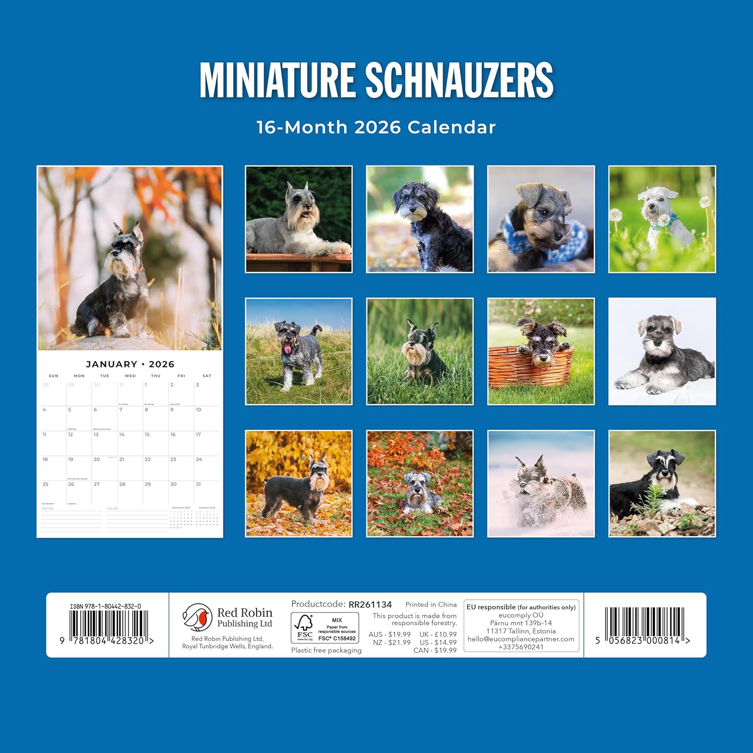 Red Robin 2026 Miniature Schnauzers Monthly Wall Calendar | 12" x 24" Open | Premium Thick & Sturdy Paper | Hangable 12 Month Calendar | Lined Notes & To Do Area | Vivid Images | Plastic Free