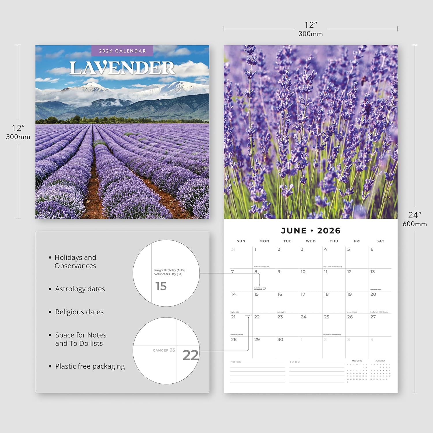 Red Robin 2026 Lavender Monthly Wall Calendar | 12" x 24" Open | Premium Thick & Sturdy Paper | Hangable 12 Month Calendar | Lined Notes & To Do Area | Vivid Images | Plastic Free