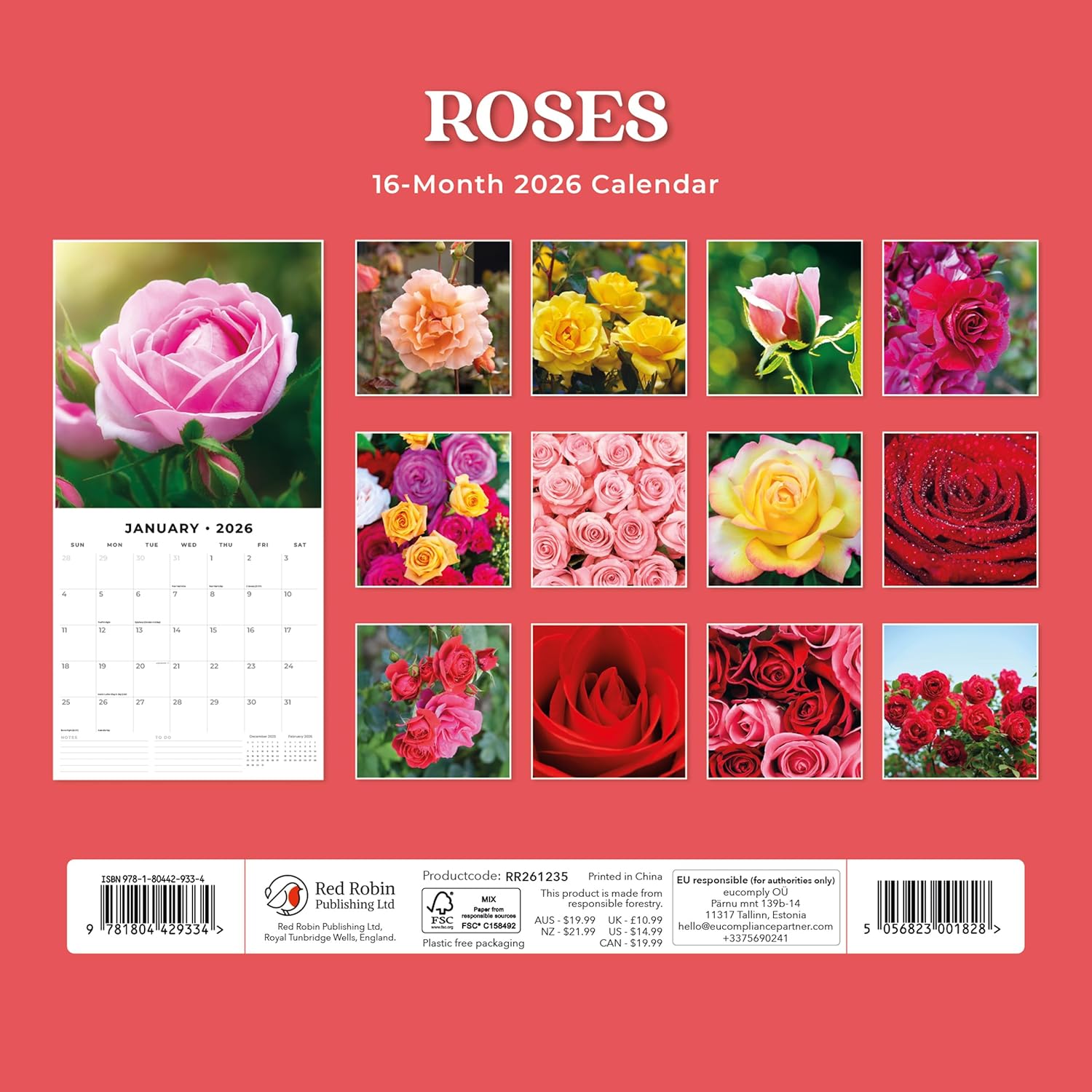 Red Robin 2026 Roses Monthly Wall Calendar | 12" x 24" Open | Premium Thick & Sturdy Paper | Hangable 12 Month Calendar | Lined Notes & To Do Area | Vivid Images | Plastic Free