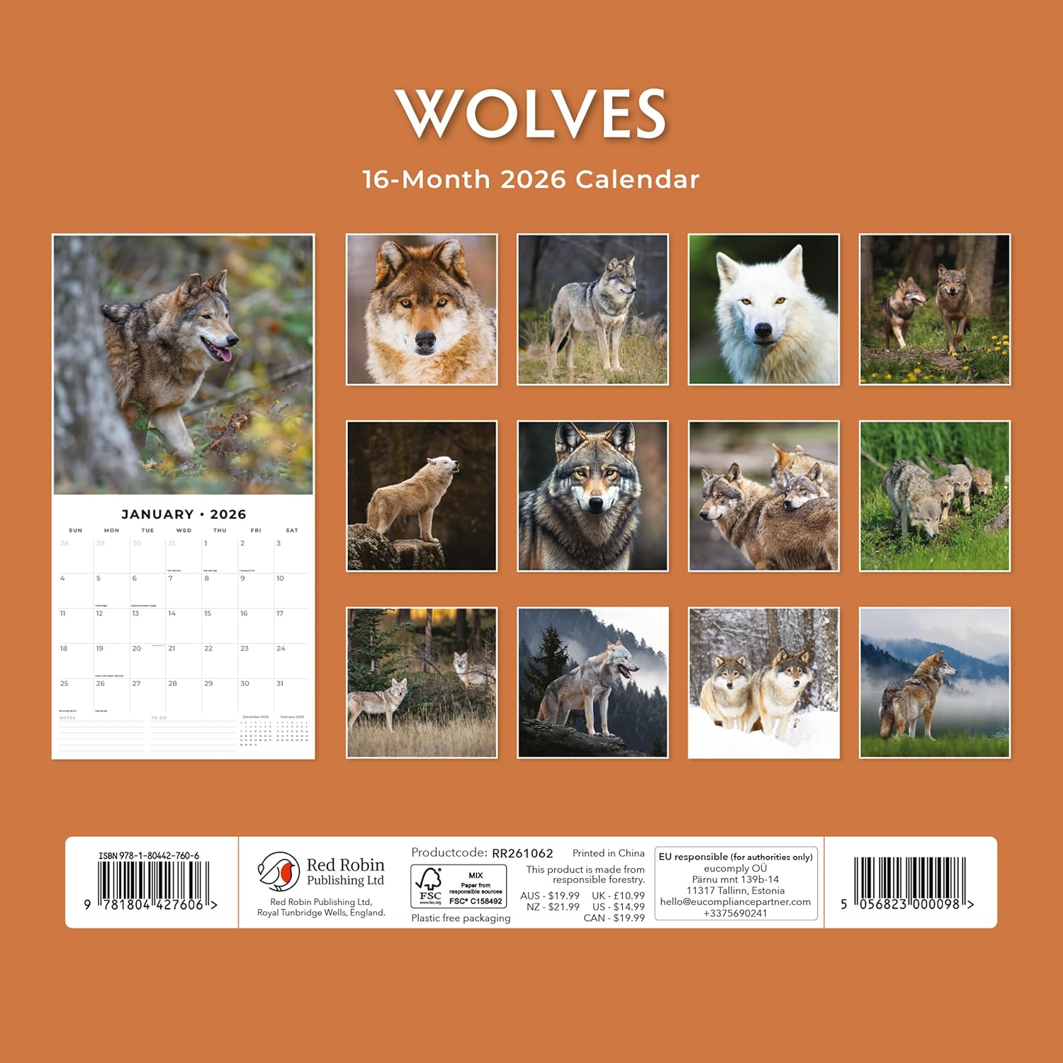 Red Robin 2026 Wolves Monthly Wall Calendar | 12" x 24" Open | Premium Thick & Sturdy Paper | Hangable 12 Month Calendar | Lined Notes & To Do Area | Vivid Images | Plastic Free