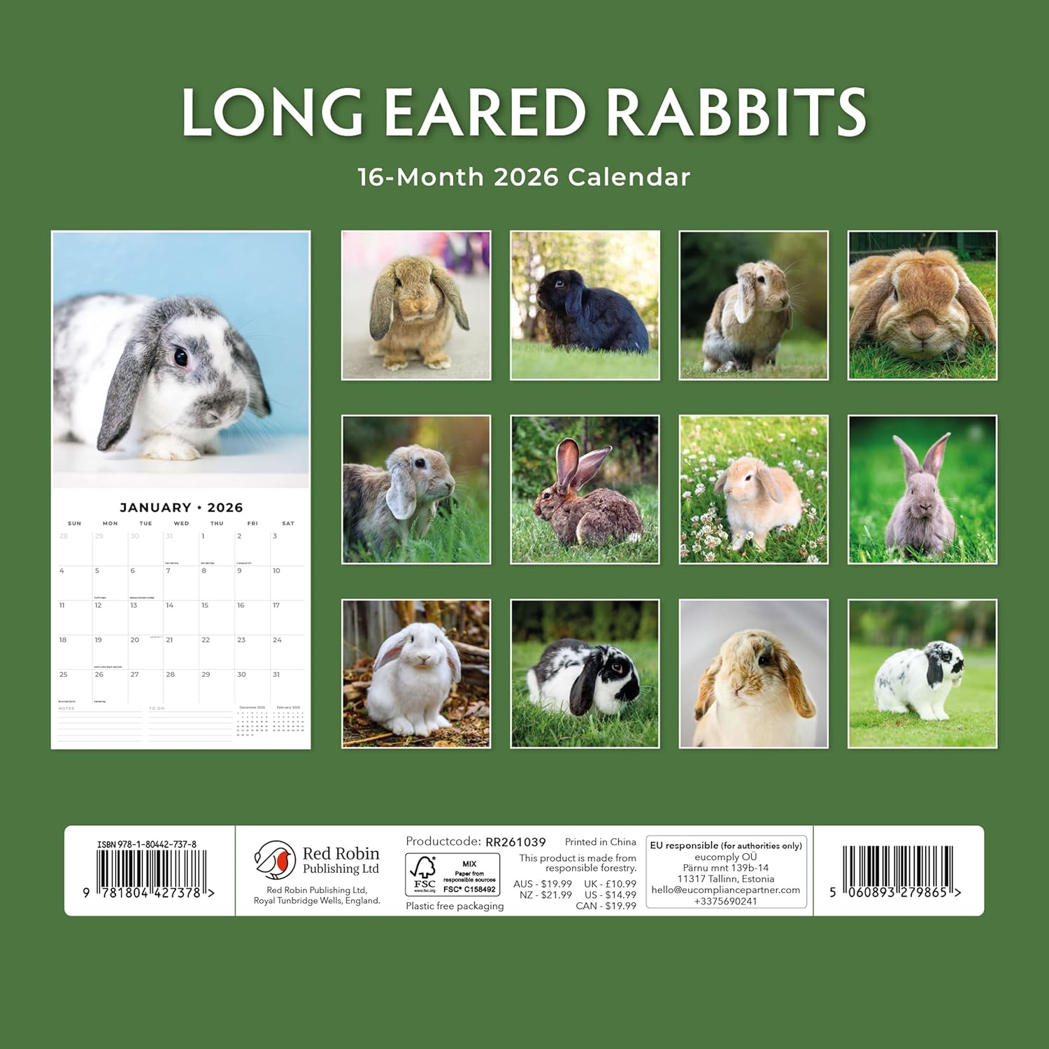 Red Robin 2026 Long Eared Rabbits Monthly Wall Calendar | 12" x 24" Open | Premium Thick & Sturdy Paper | Hangable 12 Month Calendar | Lined Notes & To Do Area | Vivid Images | Plastic Free