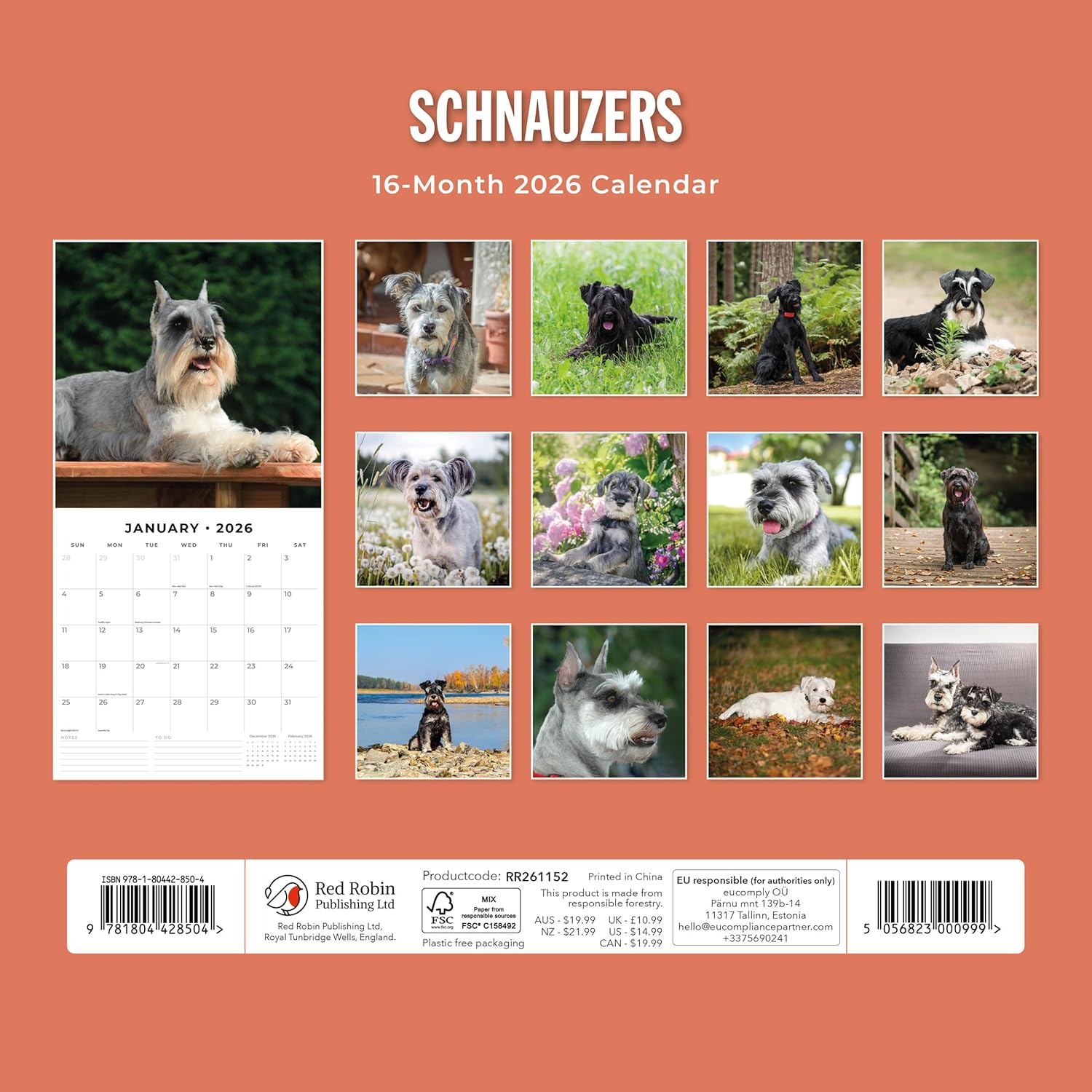 Red Robin 2026 Schnauzers Monthly Wall Calendar | 12" x 24" Open | Premium Thick & Sturdy Paper | Hangable 12 Month Calendar | Lined Notes & To Do Area | Vivid Images | Plastic Free