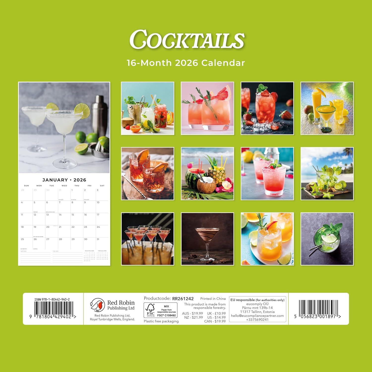 Red Robin 2026 Cocktails Monthly Wall Calendar | 12" x 24" Open | Premium Thick & Sturdy Paper | Hangable 12 Month Calendar | Lined Notes & To Do Area | Vivid Images | Plastic Free