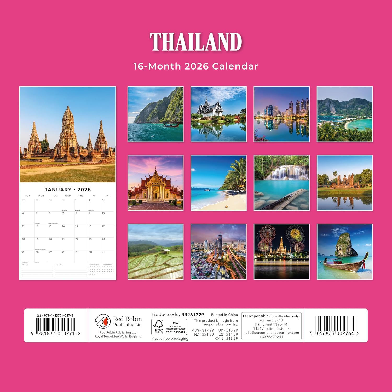 Red Robin 2026 Thailand Monthly Wall Calendar | 12" x 24" Open | Premium Thick & Sturdy Paper | Hangable 12 Month Calendar | Lined Notes & To Do Area | Vivid Images | Plastic Free