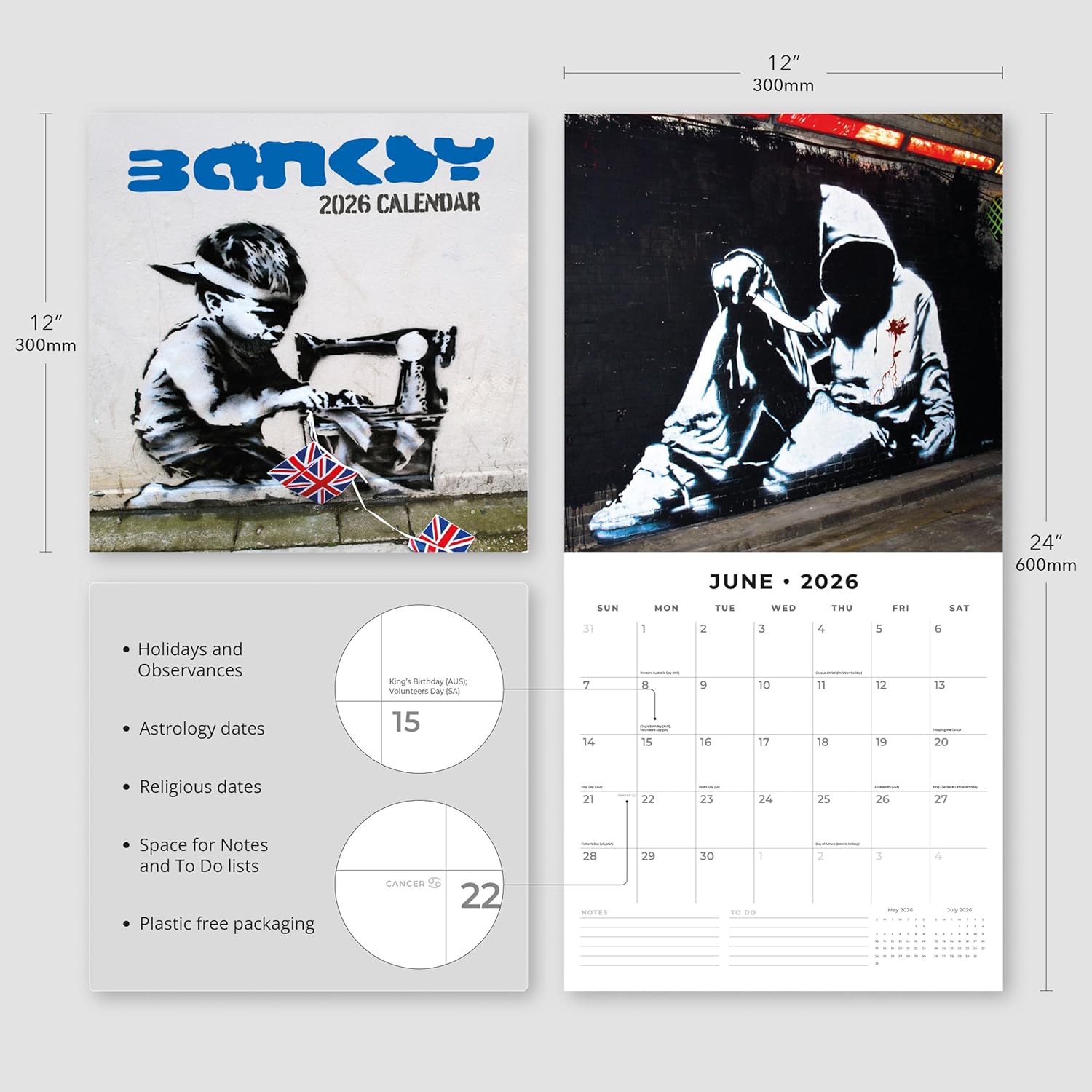 Red Robin 2026 Banksy Monthly Wall Calendar | 12" x 24" Open | Premium Thick & Sturdy Paper | Hangable 12 Month Calendar | Lined Notes & To Do Area | Vivid Images | Plastic Free