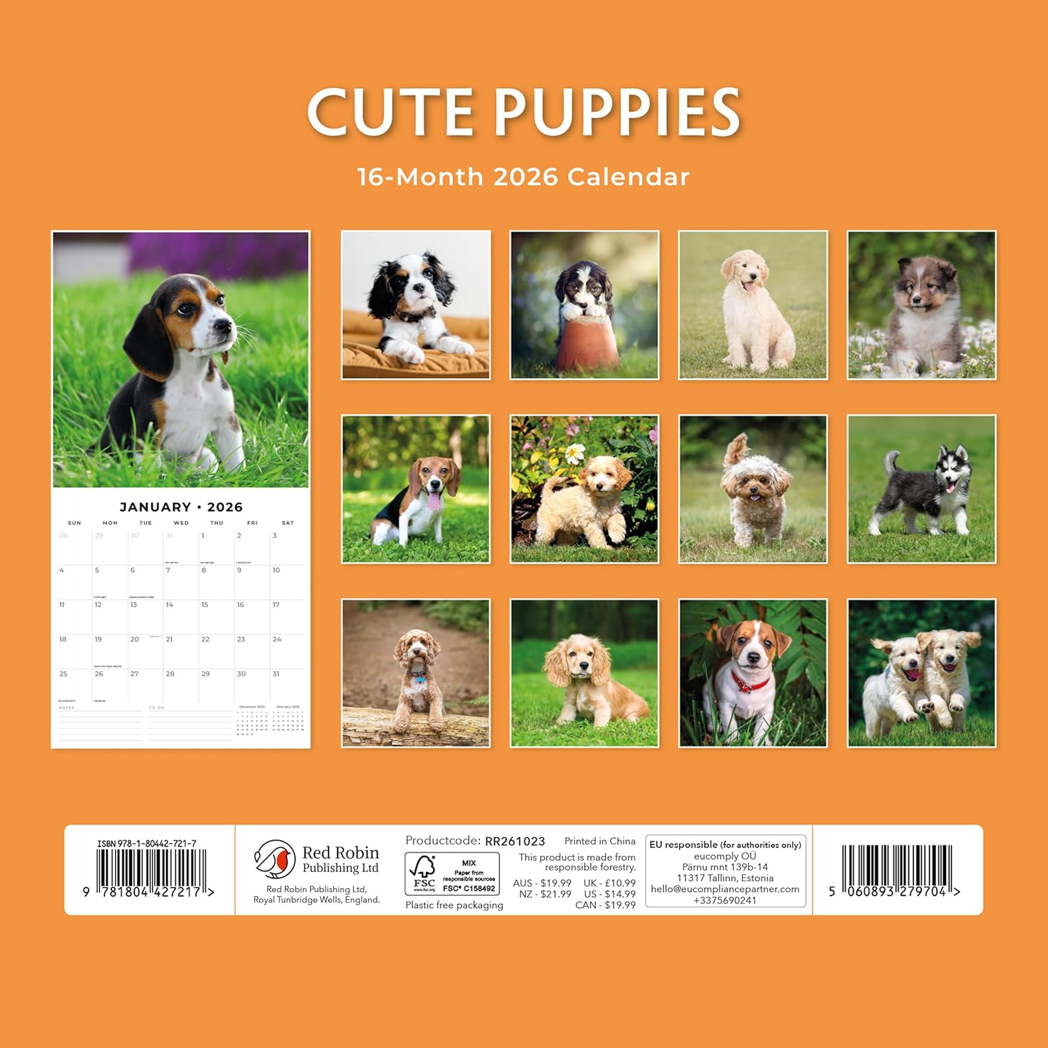 Red Robin 2026 Cute Puppies Monthly Wall Calendar | 12" x 24" Open | Premium Thick & Sturdy Paper | Hangable 12 Month Calendar | Lined Notes & To Do Area | Vivid Images | Plastic Free
