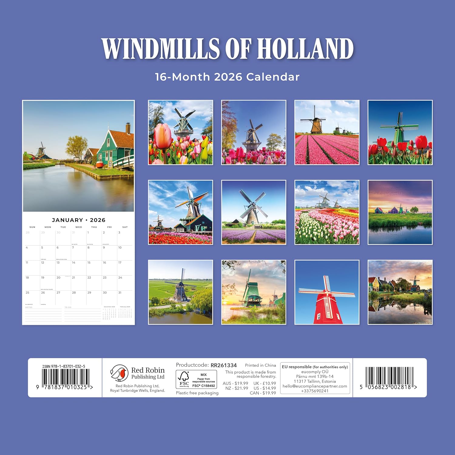 Red Robin 2026 Windmills of Holland Monthly Wall Calendar | 12" x 24" Open | Premium Thick & Sturdy Paper | Hangable 12 Month Calendar | Lined Notes & To Do Area | Vivid Images | Plastic Free