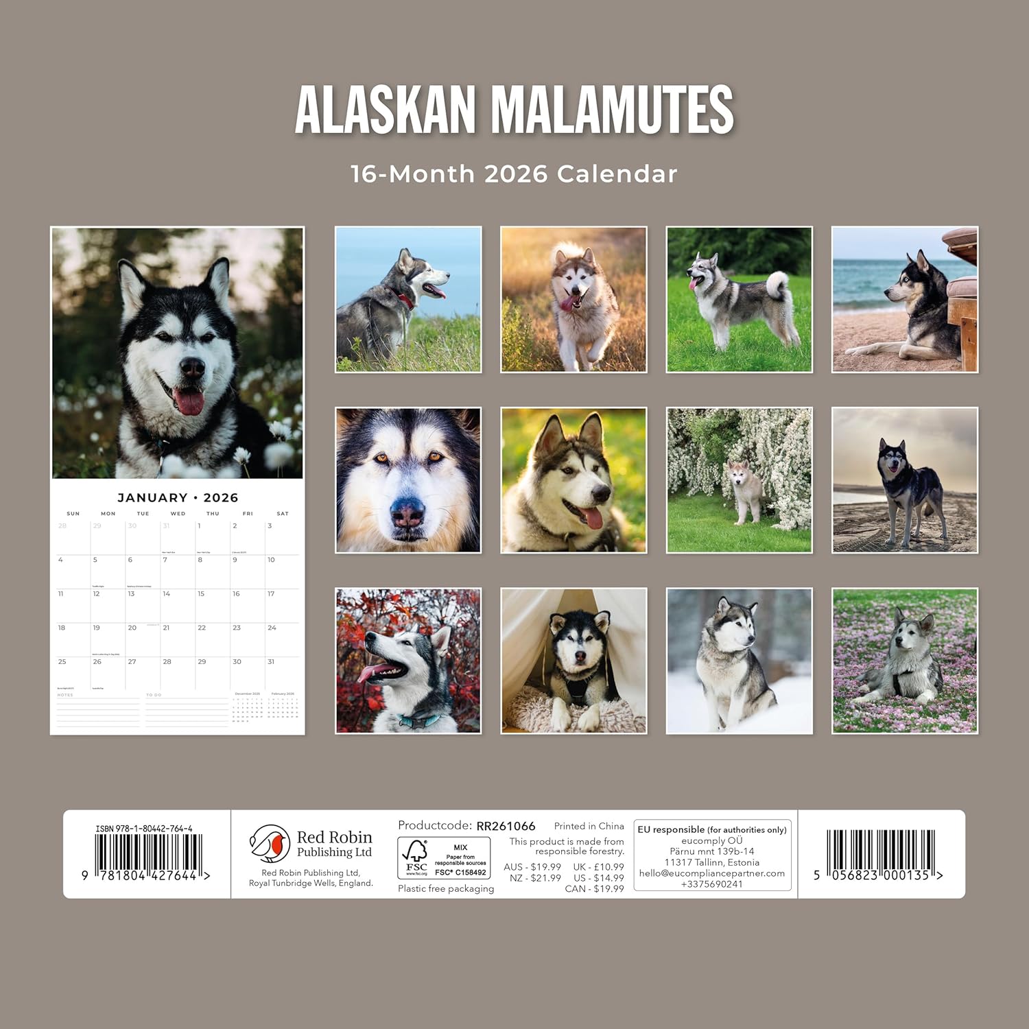 Red Robin 2026 Alaskan Malamutes Monthly Wall Calendar | 12" x 24" Open | Premium Thick & Sturdy Paper | Hangable 12 Month Calendar | Lined Notes & To Do Area | Vivid Images | Plastic Free