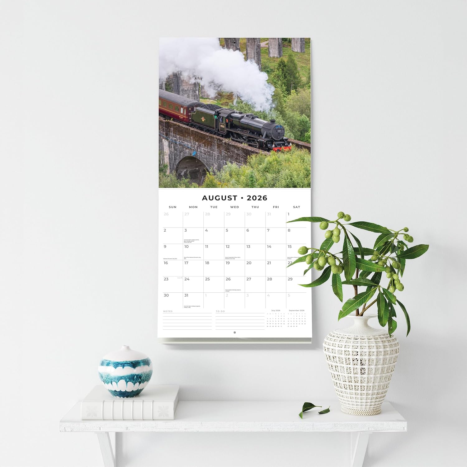 Red Robin 2026 Steam Trains Monthly Wall Calendar | 12" x 24" Open | Premium Thick & Sturdy Paper | Hangable 12 Month Calendar | Lined Notes & To Do Area | Vivid Images | Plastic Free