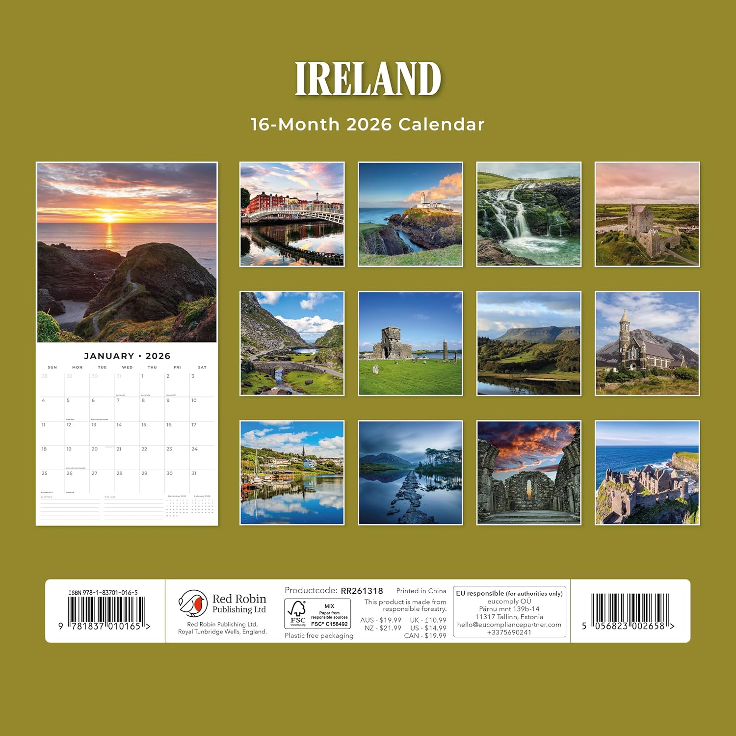 Red Robin 2026 Ireland Monthly Wall Calendar | 12" x 24" Open | Premium Thick & Sturdy Paper | Hangable 12 Month Calendar | Lined Notes & To Do Area | Vivid Images | Plastic Free