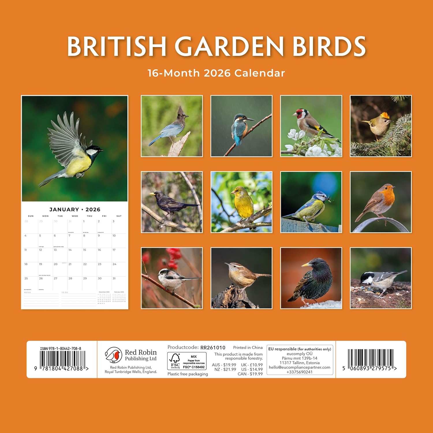 Red Robin 2026 British Garden Birds Monthly Wall Calendar | 12" x 24" Open | Premium Thick & Sturdy Paper | Hangable 12 Month Calendar | Lined Notes & To Do Area | Vivid Images | Plastic Free
