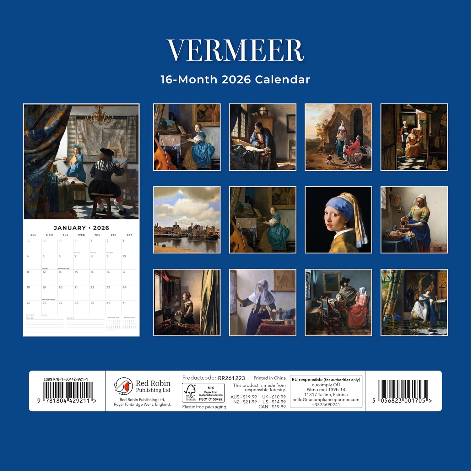 Red Robin 2026 Vermeer Monthly Wall Calendar | 12" x 24" Open | Premium Thick & Sturdy Paper | Hangable 12 Month Calendar | Lined Notes & To Do Area | Vivid Images | Plastic Free