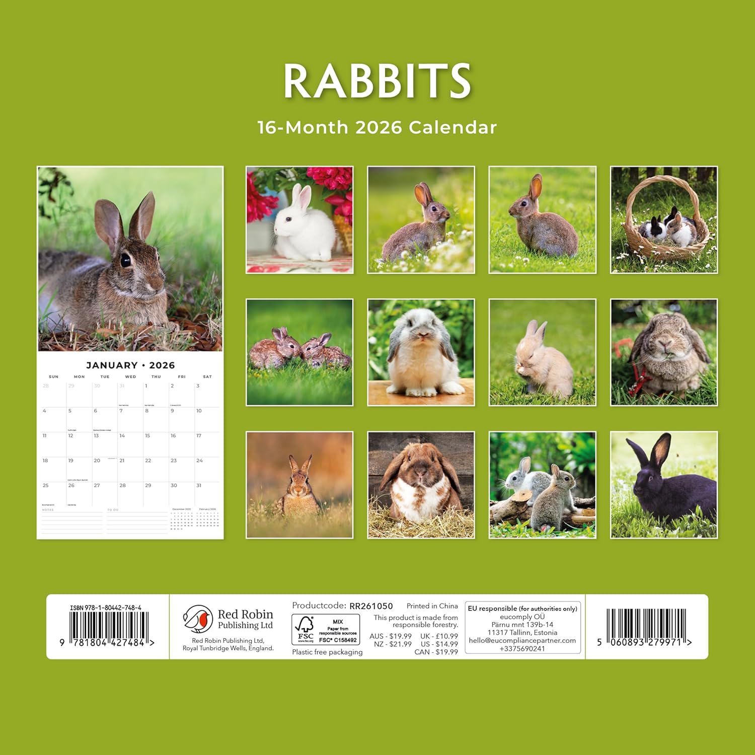 Red Robin 2026 Rabbits Monthly Wall Calendar | 12" x 24" Open | Premium Thick & Sturdy Paper | Hangable 12 Month Calendar | Lined Notes & To Do Area | Vivid Images | Plastic Free