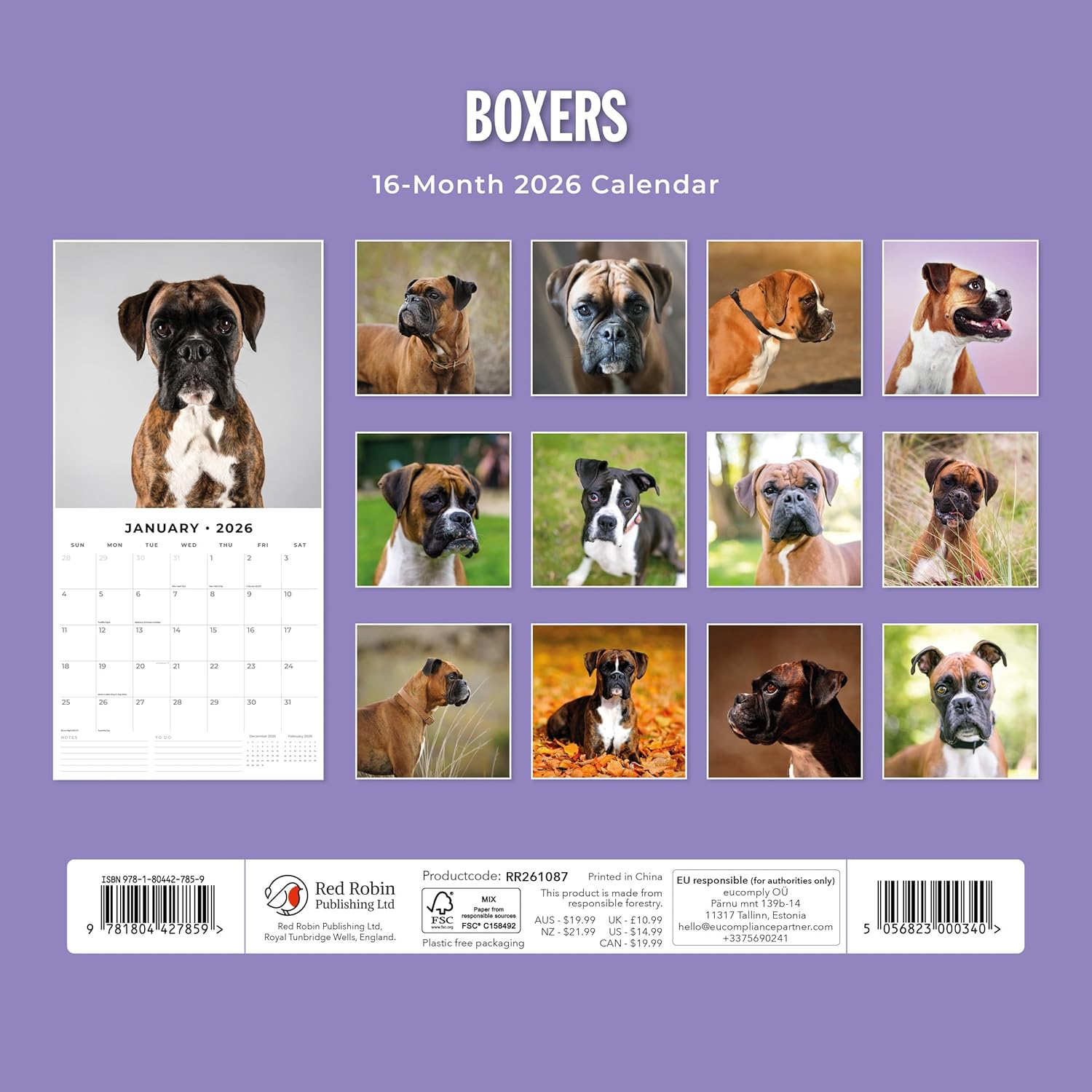 Red Robin 2026 Boxers Monthly Wall Calendar | 12" x 24" Open | Premium Thick & Sturdy Paper | Hangable 12 Month Calendar | Lined Notes & To Do Area | Vivid Images | Plastic Free