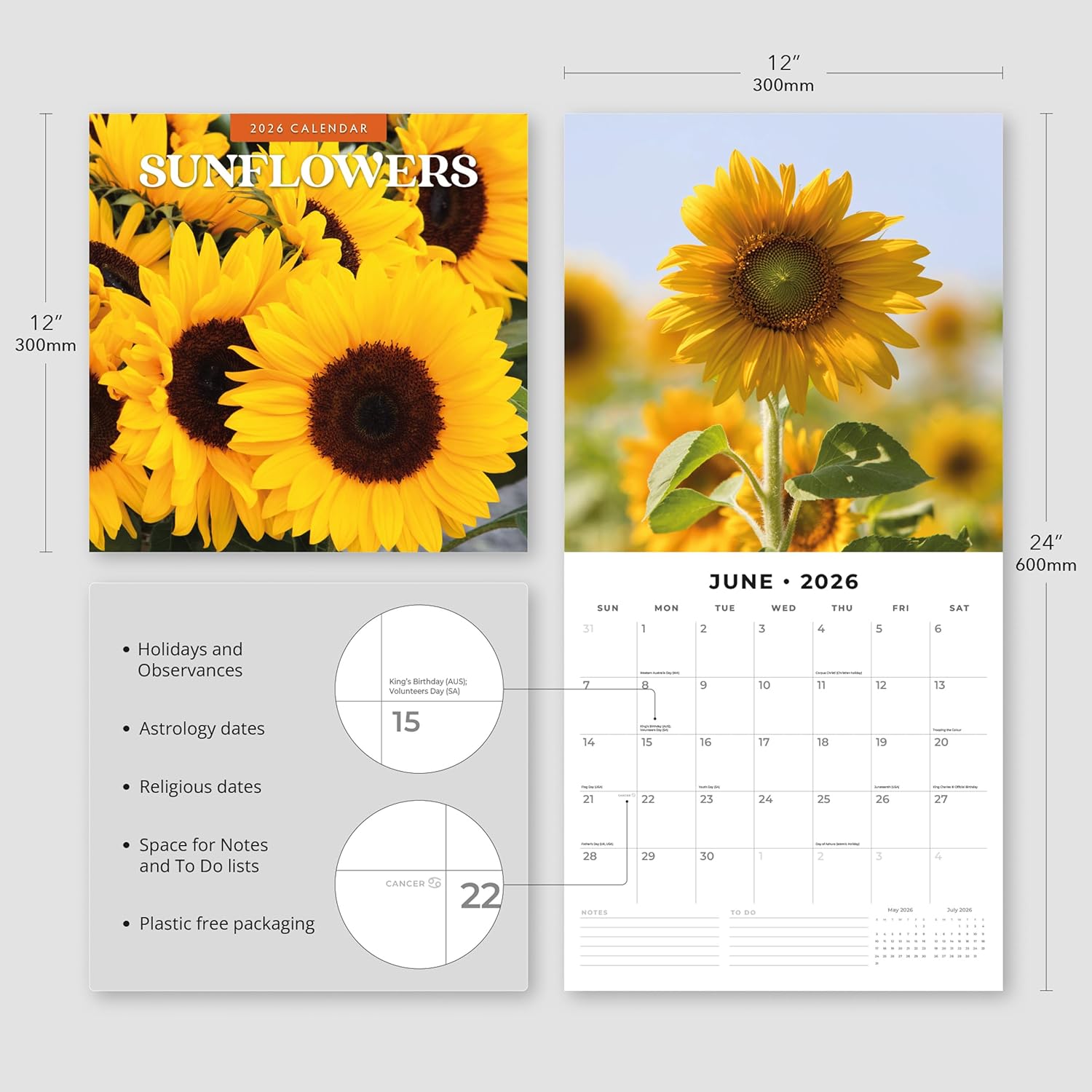 Red Robin 2026 Sunflowers Monthly Wall Calendar | 12" x 24" Open | Premium Thick & Sturdy Paper | Hangable 12 Month Calendar | Lined Notes & To Do Area | Vivid Images | Plastic Free