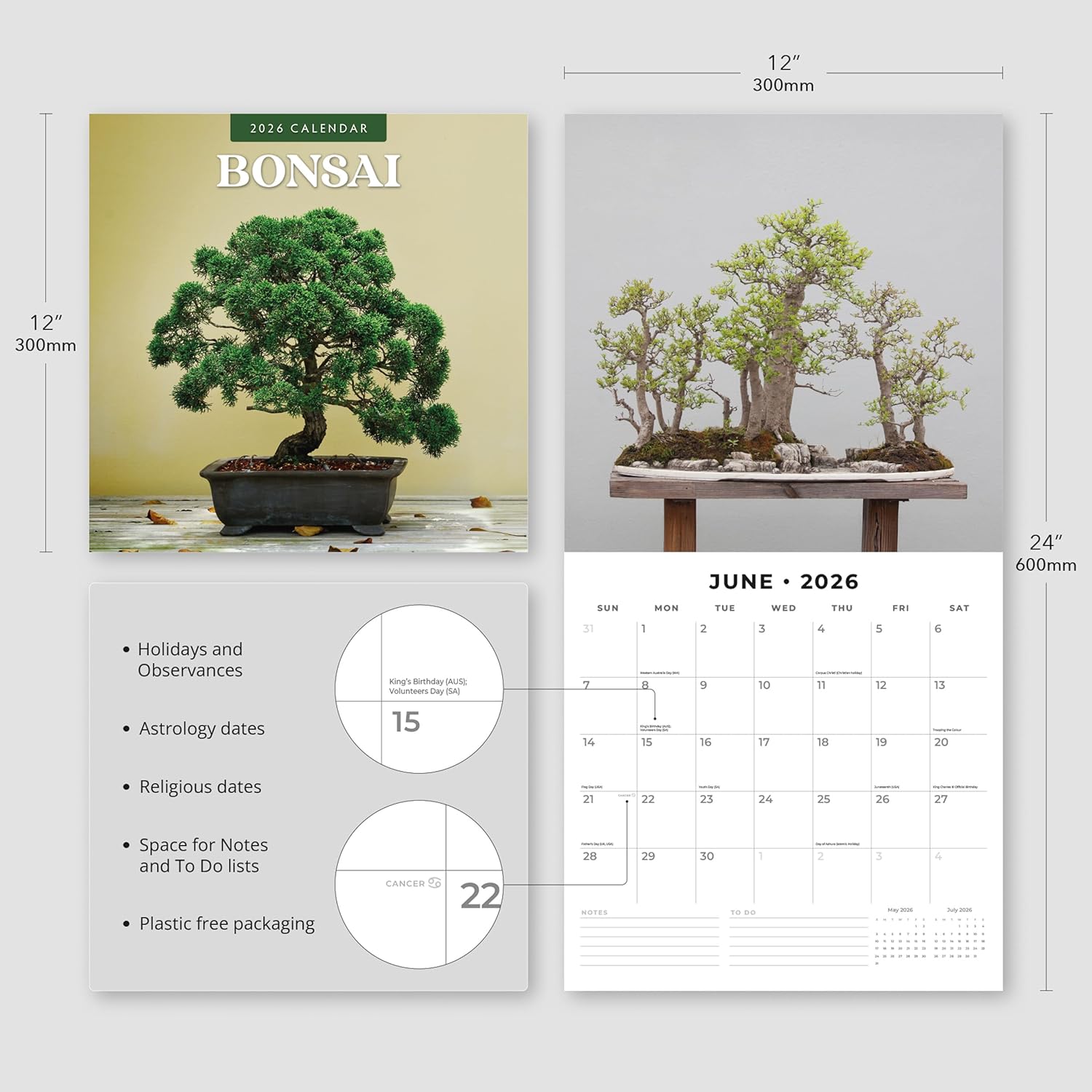 Red Robin 2026 Bonsai Monthly Wall Calendar | 12" x 24" Open | Premium Thick & Sturdy Paper | Hangable 12 Month Calendar | Lined Notes & To Do Area | Vivid Images | Plastic Free