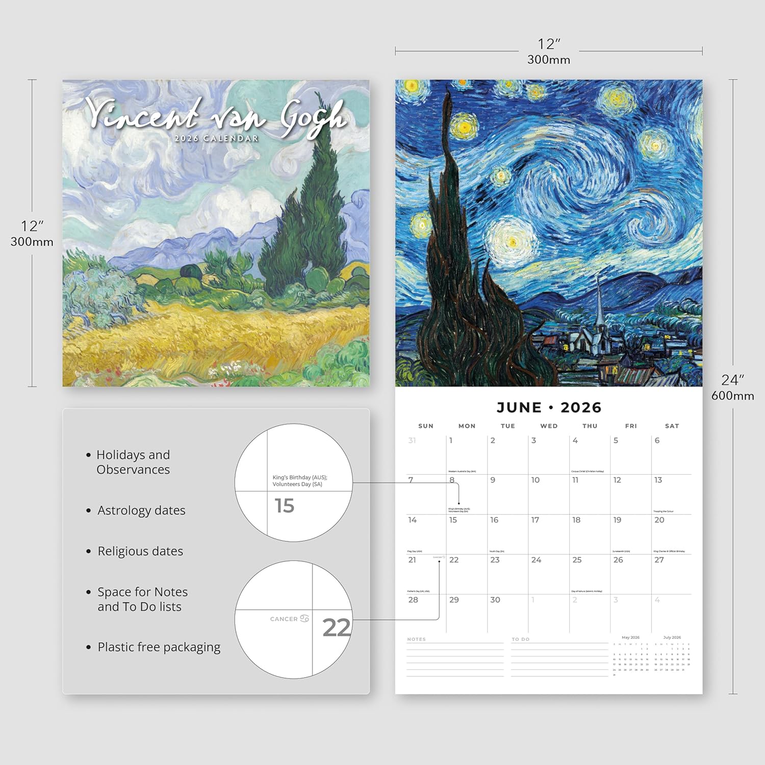 Red Robin 2026 Van Gogh Monthly Wall Calendar | 12" x 24" Open | Premium Thick & Sturdy Paper | Hangable 12 Month Calendar | Lined Notes & To Do Area | Vivid Images | Plastic Free