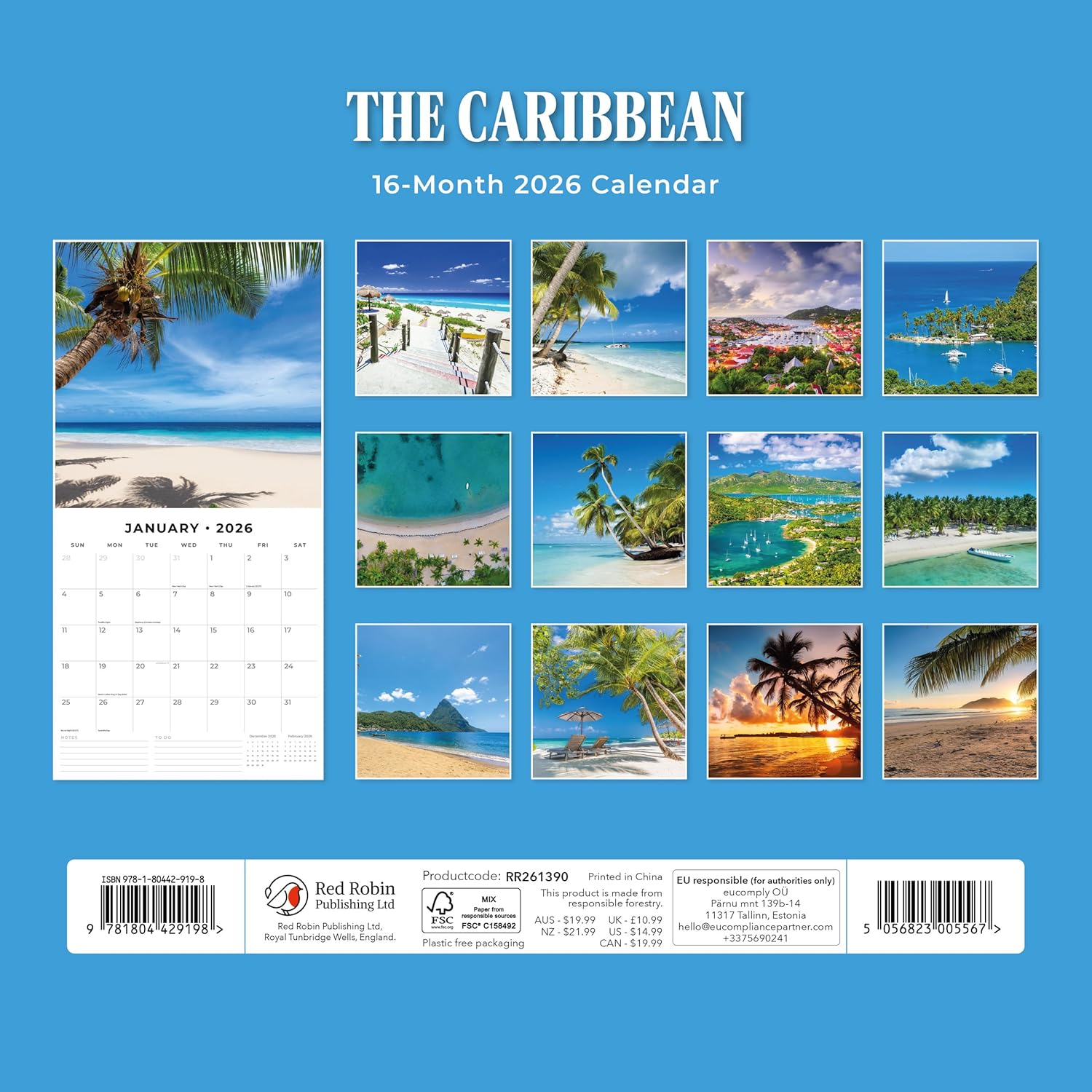 Red Robin 2026 Caribbean Monthly Wall Calendar | 12" x 24" Open | Premium Thick & Sturdy Paper | Hangable 12 Month Calendar | Lined Notes & To Do Area | Vivid Images | Plastic Free