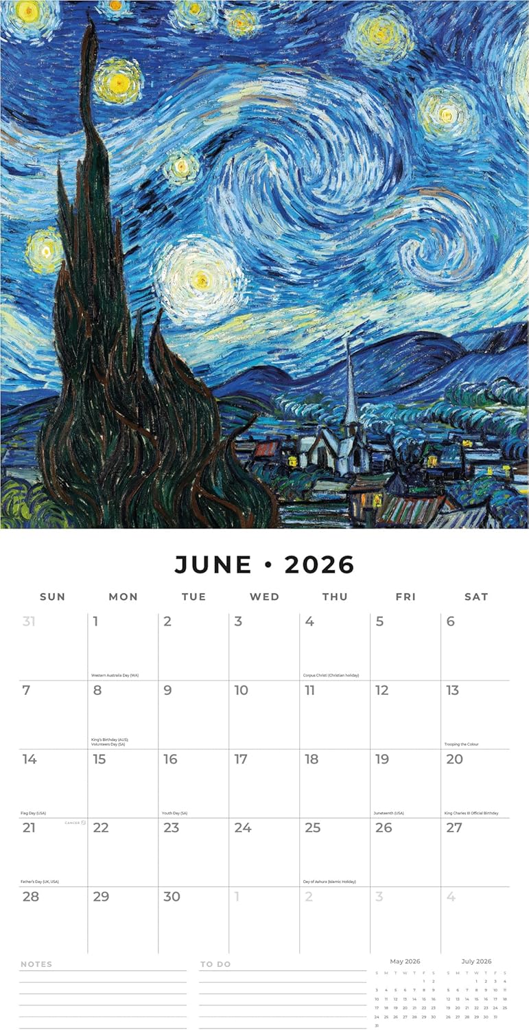 Red Robin 2026 Van Gogh Monthly Wall Calendar | 12" x 24" Open | Premium Thick & Sturdy Paper | Hangable 12 Month Calendar | Lined Notes & To Do Area | Vivid Images | Plastic Free