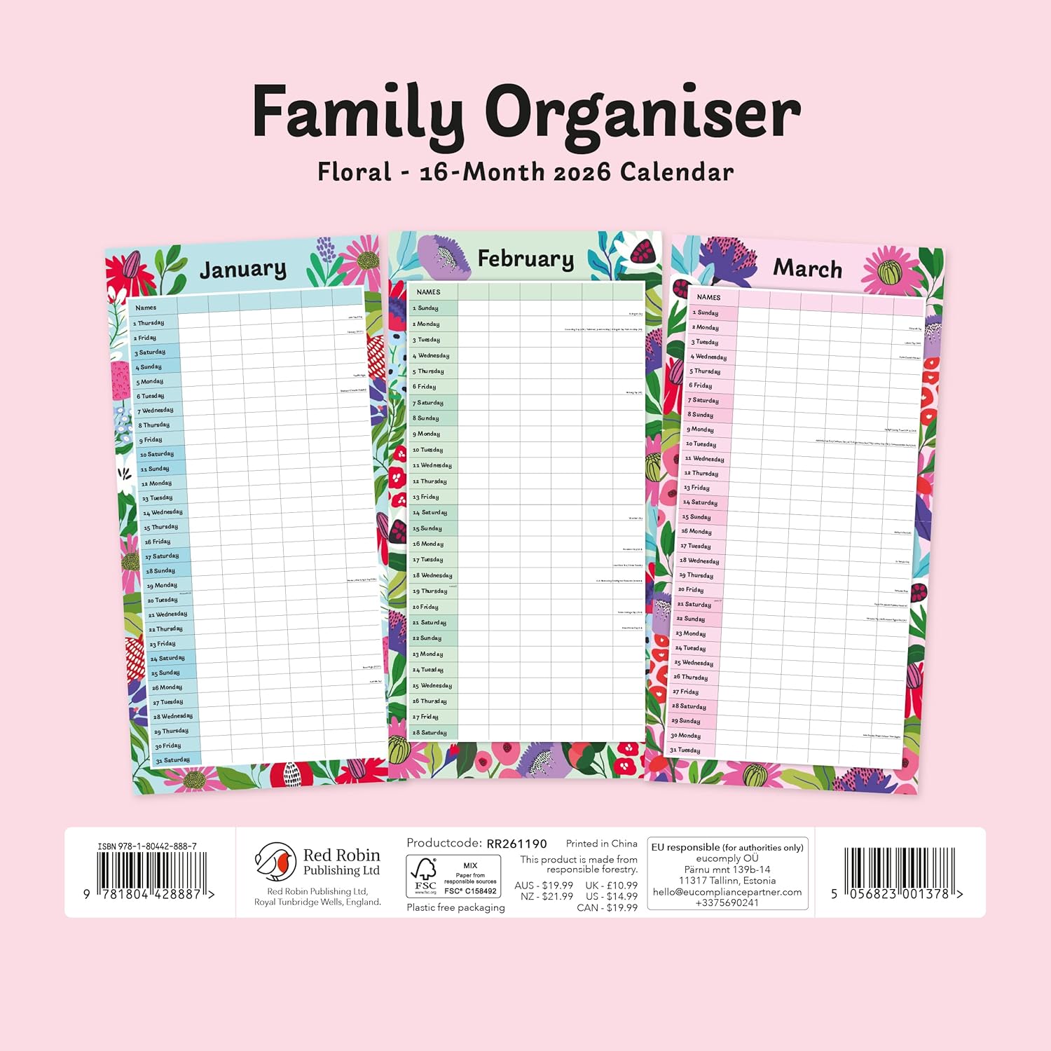 Red Robin 2026 Floral Family Organiser Monthly Wall Calendar | 12" x 24" Open | Premium Thick & Sturdy Paper | Hangable 12 Month Calendar | Lined Notes & To Do Area | Vivid Images | Plastic Free