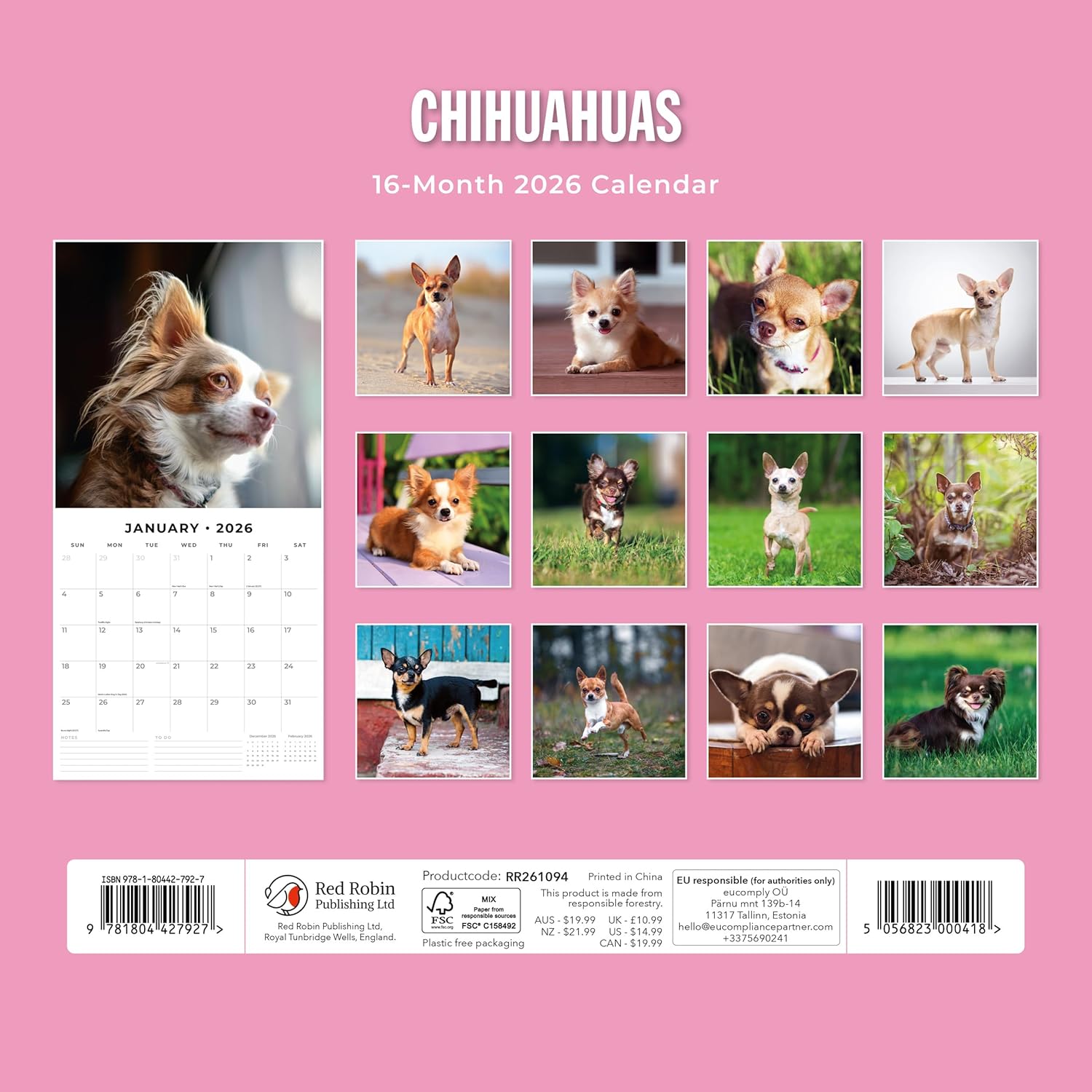 Red Robin 2026 Chihuahuas Monthly Wall Calendar | 12" x 24" Open | Premium Thick & Sturdy Paper | Hangable 12 Month Calendar | Lined Notes & To Do Area | Vivid Images | Plastic Free