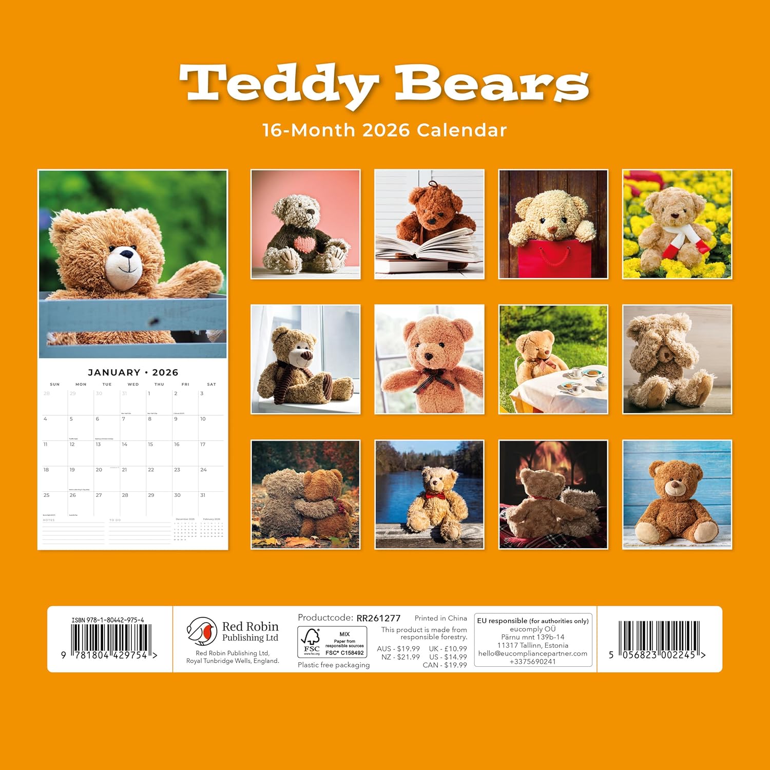Red Robin 2026 Teddy Bears Monthly Wall Calendar | 12" x 24" Open | Premium Thick & Sturdy Paper | Hangable 12 Month Calendar | Lined Notes & To Do Area | Vivid Images | Plastic Free