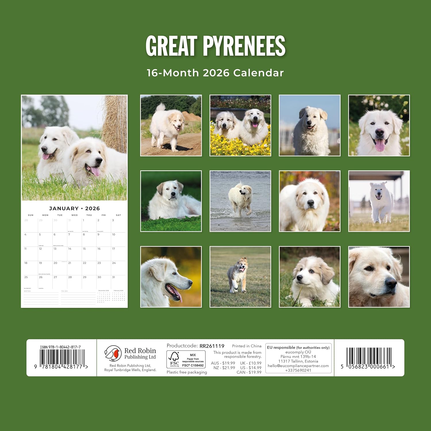 Red Robin 2026 Great Pyrenees Monthly Wall Calendar | 12" x 24" Open | Premium Thick & Sturdy Paper | Hangable 12 Month Calendar | Lined Notes & To Do Area | Vivid Images | Plastic Free