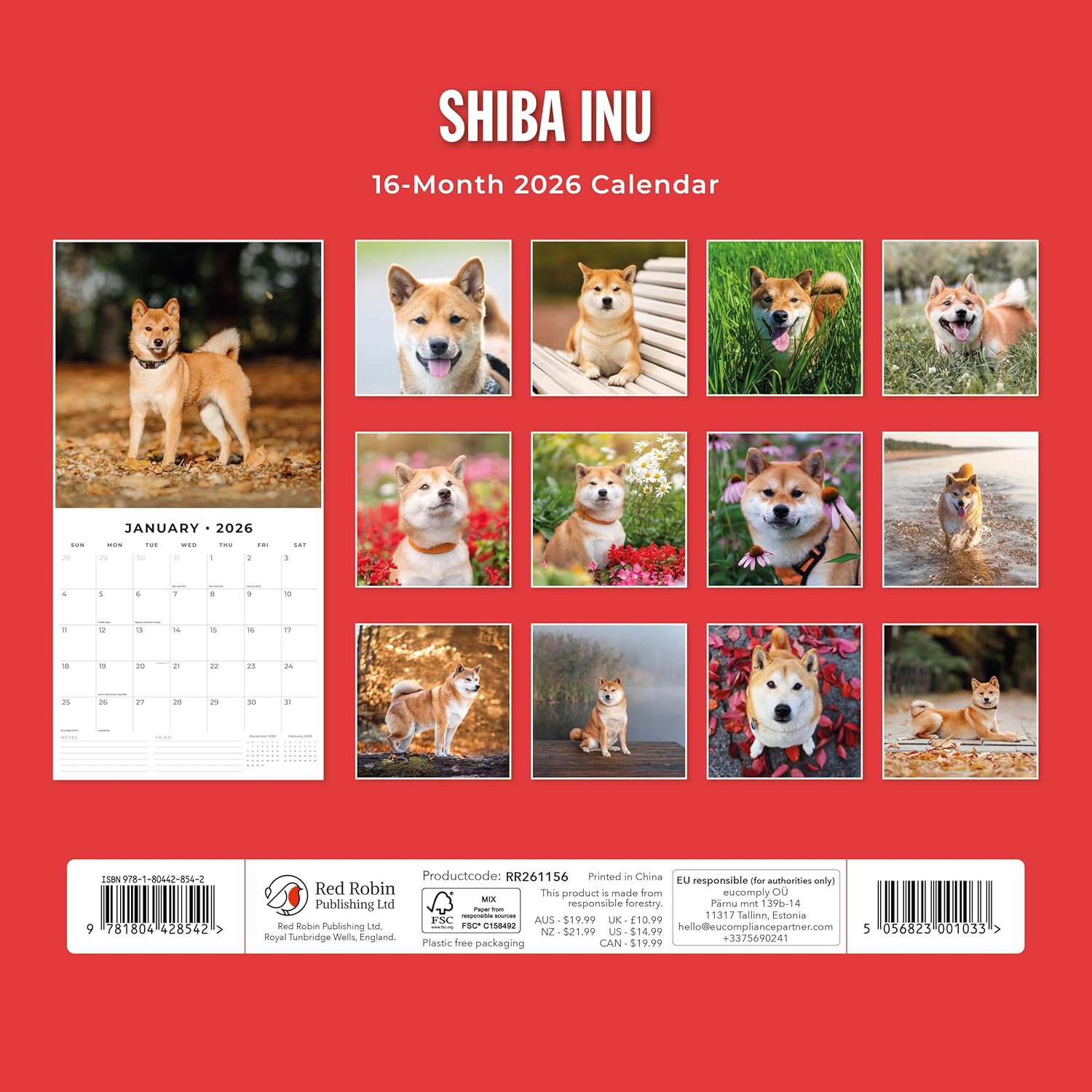 Red Robin 2026 Shiba Inu Monthly Wall Calendar | 12" x 24" Open | Premium Thick & Sturdy Paper | Hangable 12 Month Calendar | Lined Notes & To Do Area | Vivid Images | Plastic Free