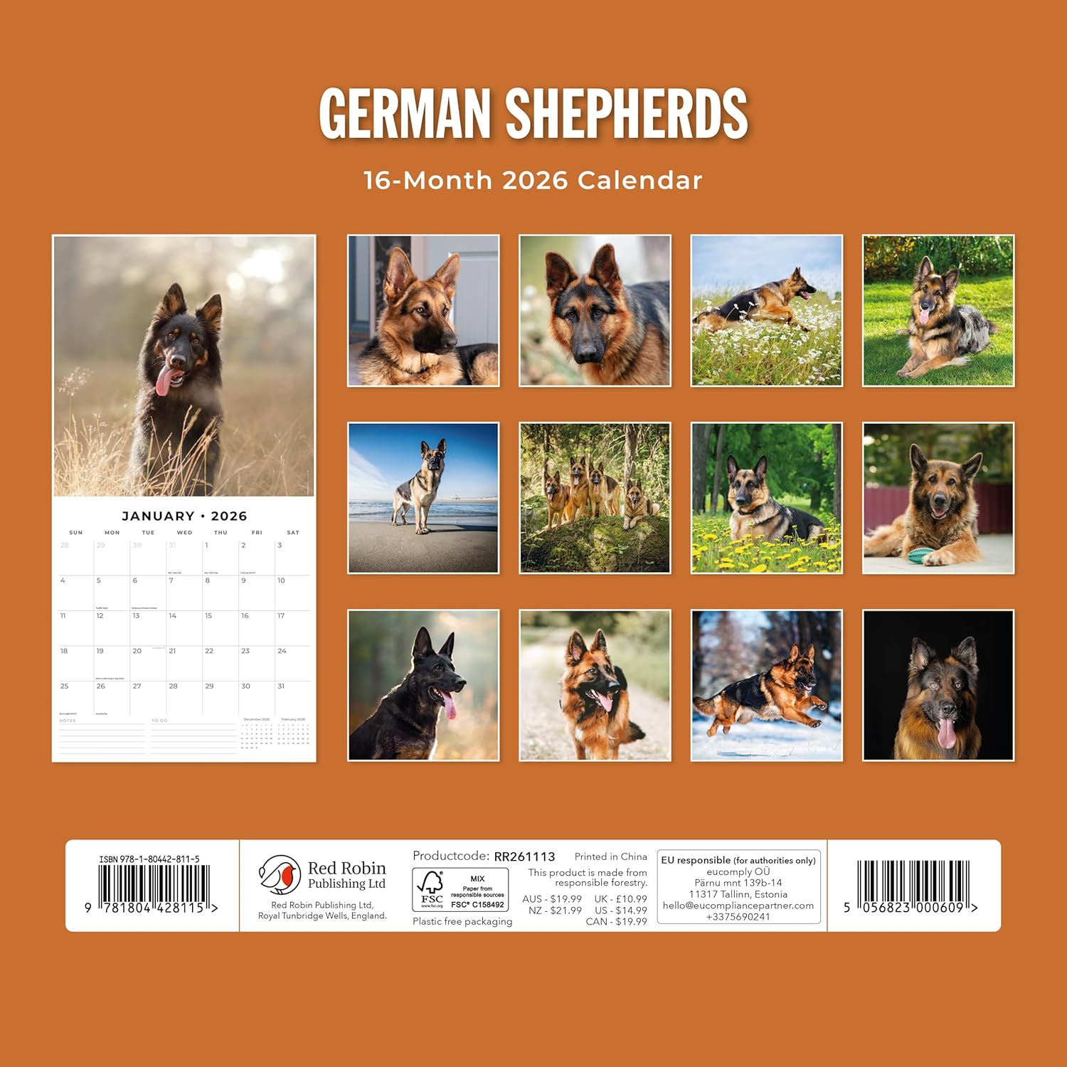 Red Robin 2026 German Shepherds Monthly Wall Calendar | 12" x 24" Open | Premium Thick & Sturdy Paper | Hangable 12 Month Calendar | Lined Notes & To Do Area | Vivid Images | Plastic Free