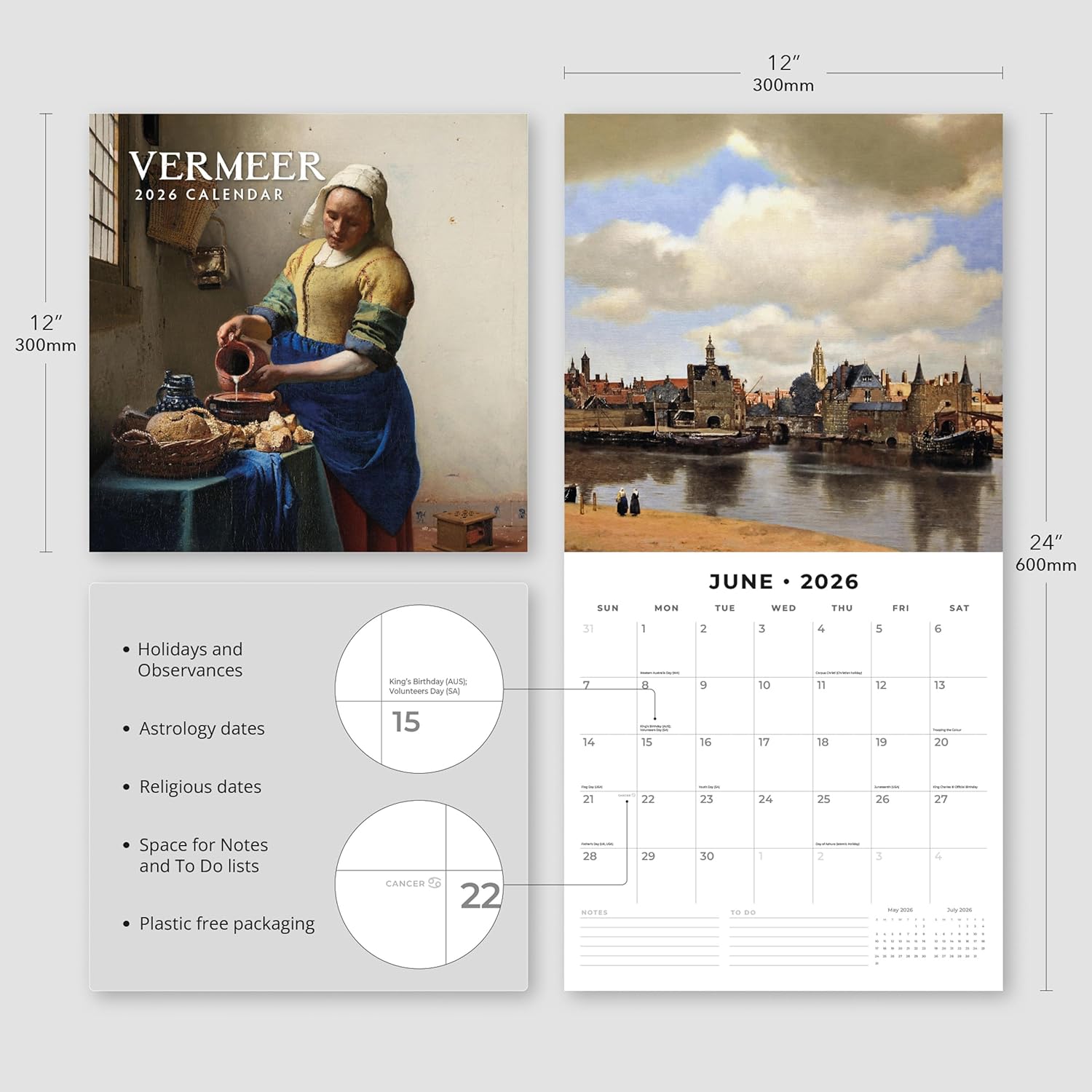 Red Robin 2026 Vermeer Monthly Wall Calendar | 12" x 24" Open | Premium Thick & Sturdy Paper | Hangable 12 Month Calendar | Lined Notes & To Do Area | Vivid Images | Plastic Free